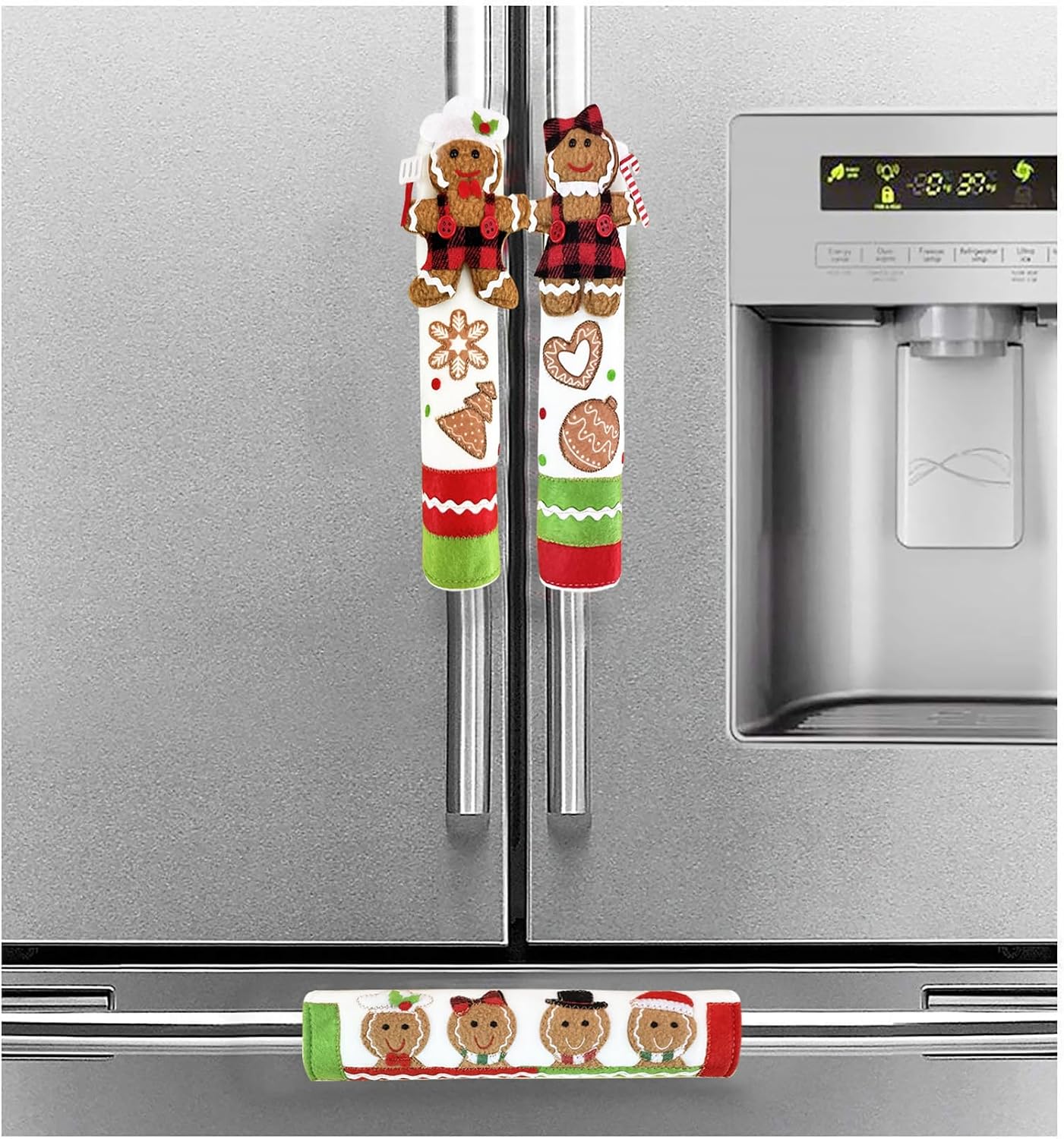 PTFNY 3 Piece Set Christmas Gingerbread Refrigerator Door Handle Covers Appliance Handle Covers Christmas Gingerbread Decorations Fits Standard Size Kitchen Refrigerator Microwave Oven Or Dishwasher
