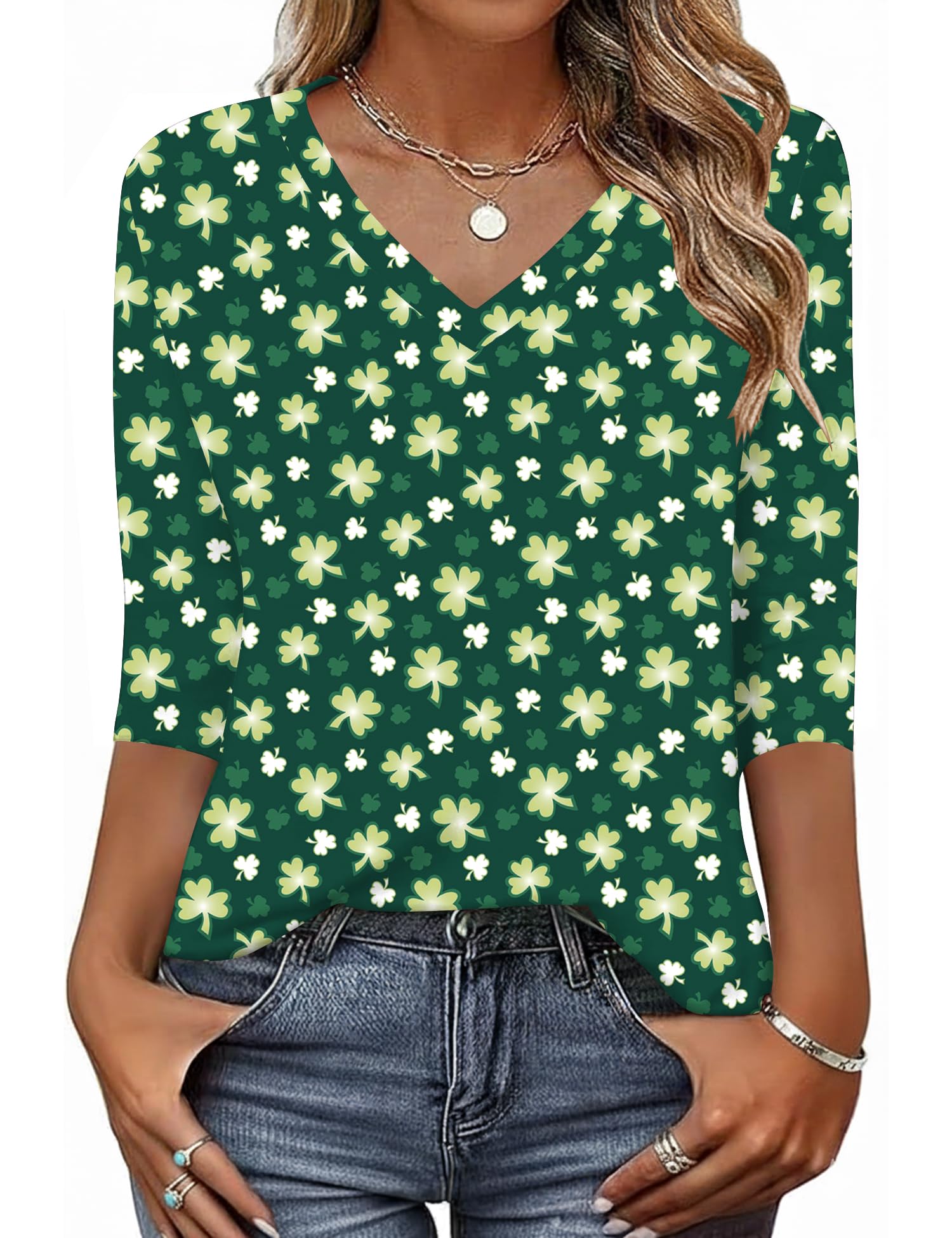 KTILG Women's V Neck T Shirts 3/4 Sleeve Blouse Summer Tops Dressy Casual Solid Basic Tees