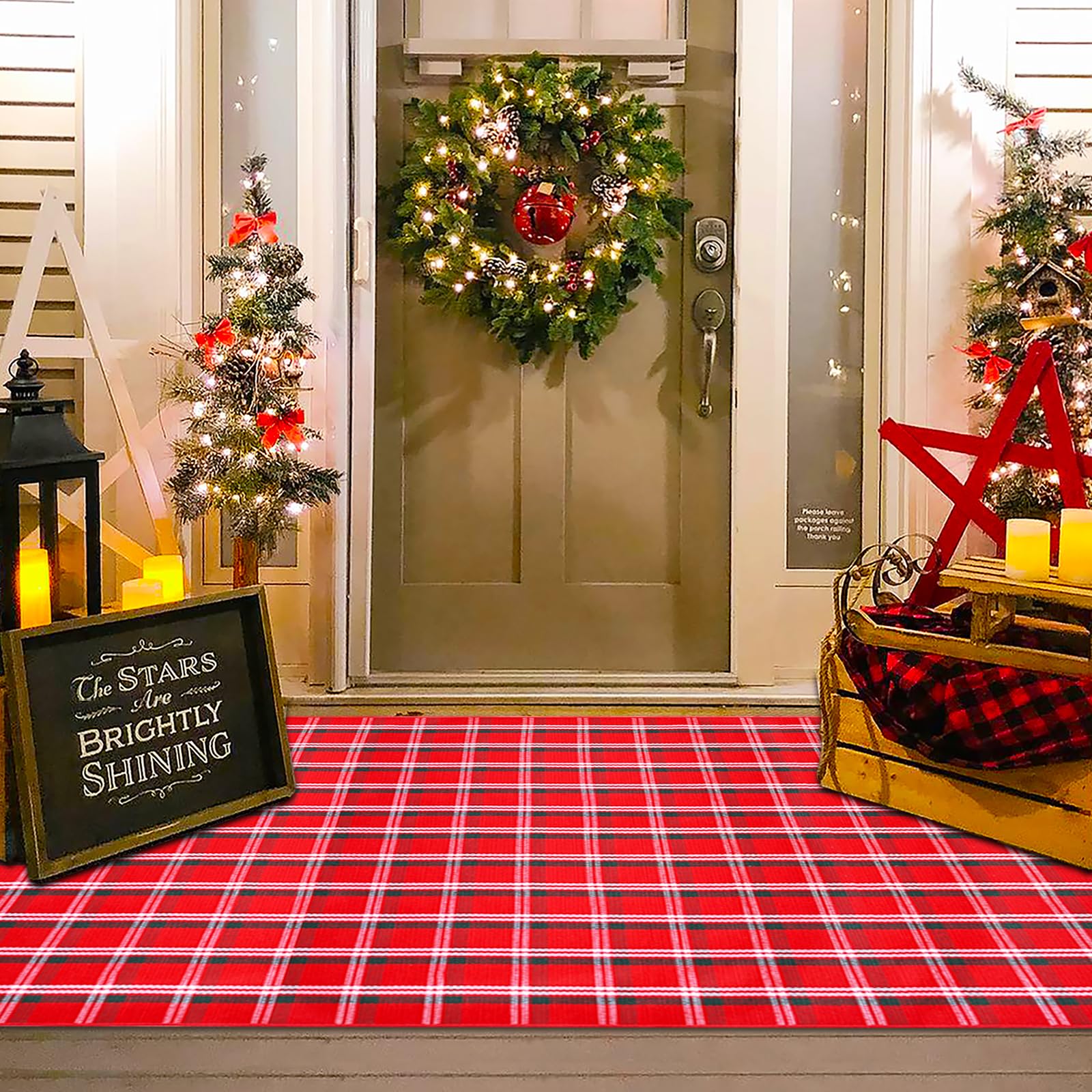 Orange and Black Plaid Rug, 28'' x 43'' Fall Outdoor Front Door Decor Mat, Cotton Washable Hand-Woven Rug for Layered Doormat, Autumn Halloween Thanksgiving Carpet for Porch, Entryway