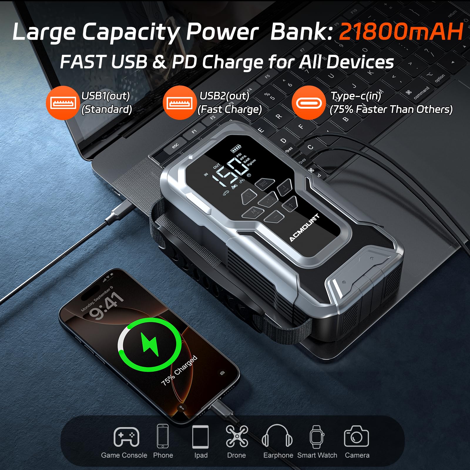 Acmount D18 Jump Starter with Air Compressor, 6000A Car Battery Jumper Starter Portable(All Gas/10.0L Diesel), 150PSI Tire Inflator Air Pump, 12V Jump Pack, 800LM Flashlight, Car Gift for Man