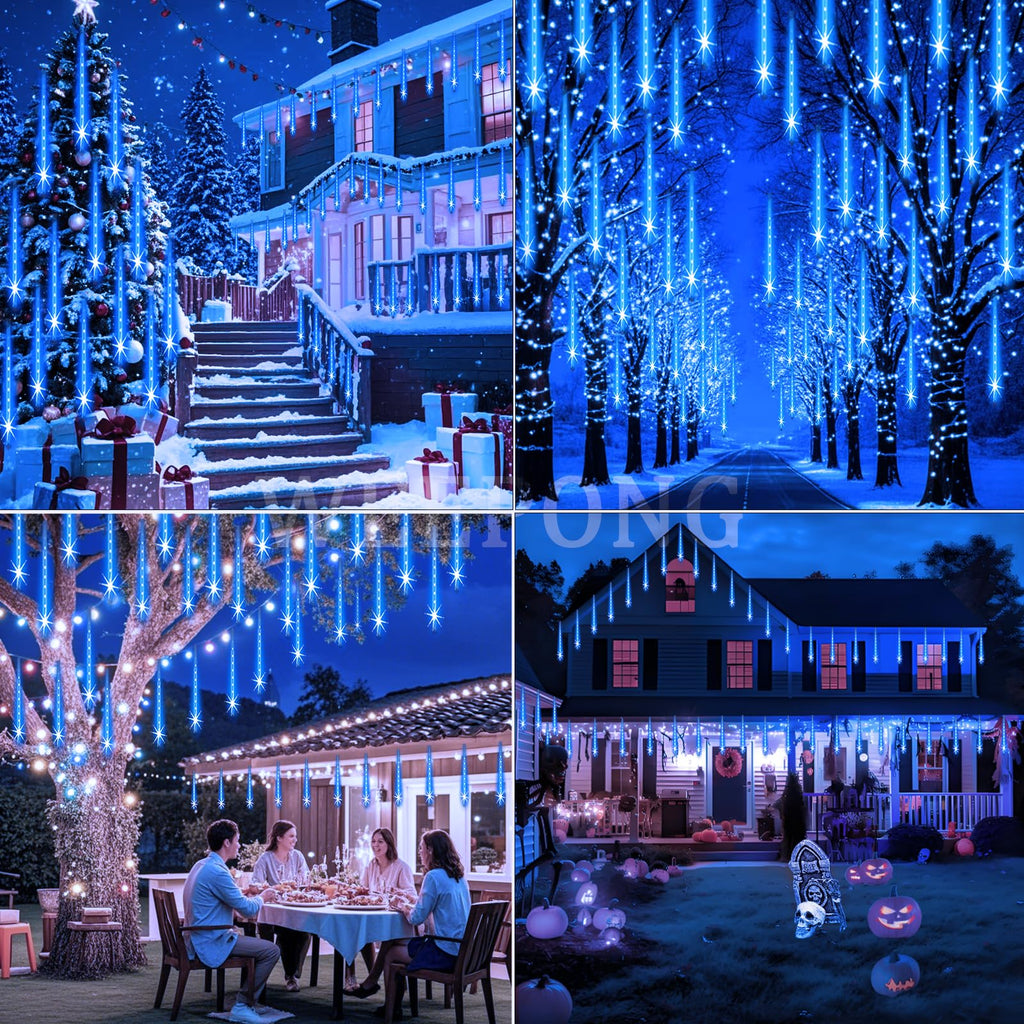 Weepong Halloween Lights Outdoor, Meteor Shower Christmas Lights for Halloween Decorations, 8 Tube 192 LED Snow Falling Rain Icicle String Light for Xmas Christmas Decor Tree Party, UL Plug Green