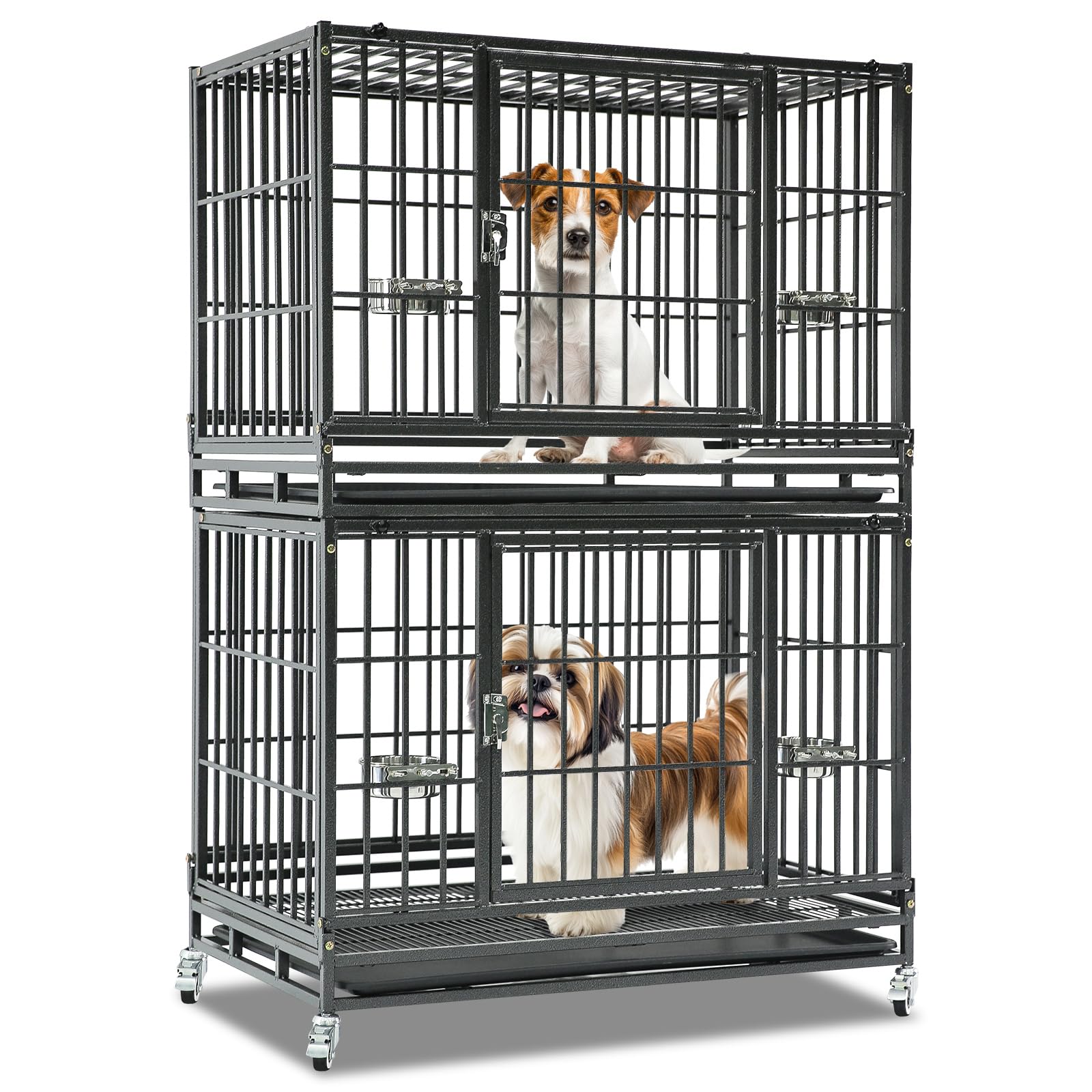 Homey Pet 37 Inch Heavy Duty Dog Crate for Medium Dogs, Stackable Dog Cage with Four Lockable Wheels, Removable Tray & Grid, Open Top, Escape Proof Dog Kennel Indoor