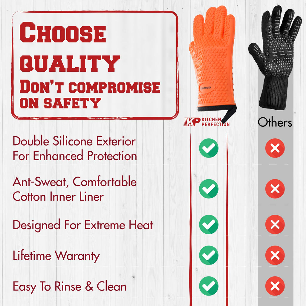 KITCHEN PERFECTION Silicone Oven & Griddle Gloves -Extreme Heat Resistant BBQ & Grilling Gloves -Handle Hot Food Right on Your Griddle |Waterproof Oven Mitts Grill Gloves |Superior Set+3 Bonuses