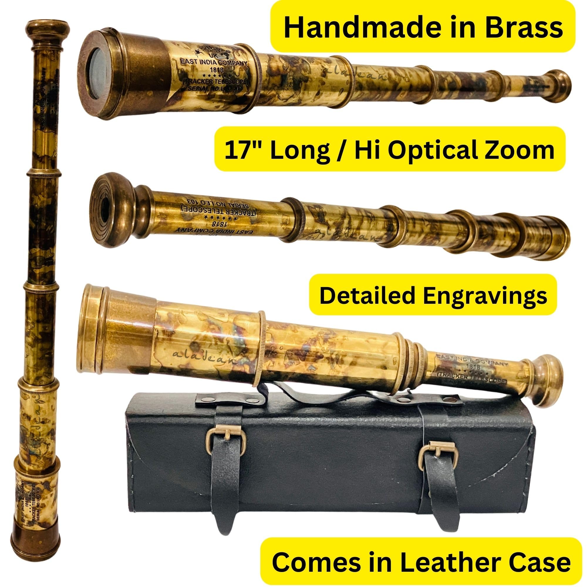 Rare Brass Telescope Spyglass - East India Company 1818 Tracker Vintage Pirate Spyglass Scope Antique Large Handstitched Leather Gift Box (BT-EIC17)