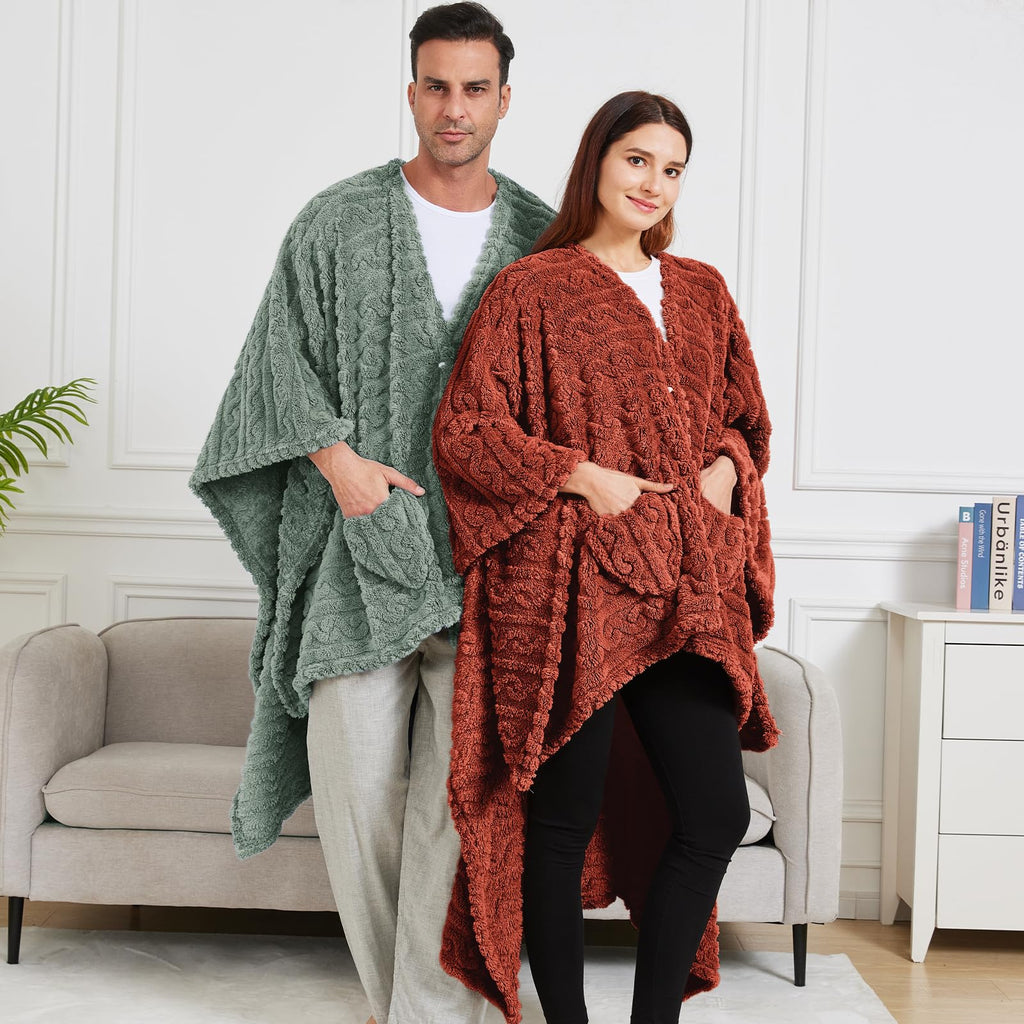 Wearable Blanket Poncho Cape Wrap for Adult, Cozy Sherpa Fleece Pocketed Shawl TV Throw Blankets for Office and Lounge(Caramel,58'' x 64'')