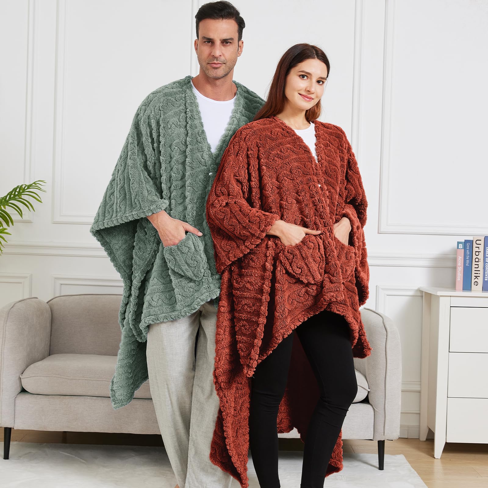 Wearable Blanket Poncho Cape Wrap for Adult, Cozy Sherpa Fleece Pocketed Shawl TV Throw Blankets for Office and Lounge(Caramel,58'' x 64'')