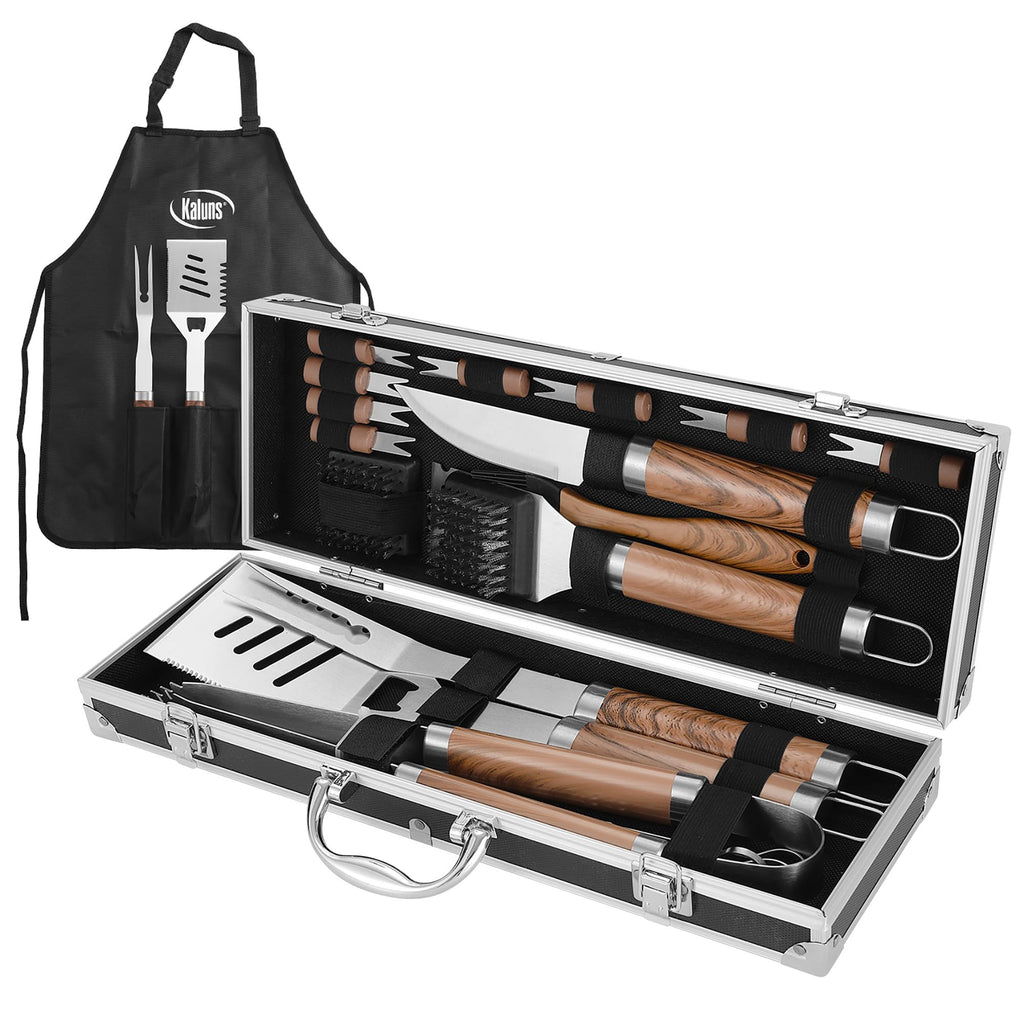 Kaluns Grilling Accessories, Dad Gifts for Fathers Day, Grilling Gifts, Heavy Duty Stainless Steel BBQ Tool Set for Outdoor Grill with Aluminum Case and Apron, Birthday Gifts for Men Women