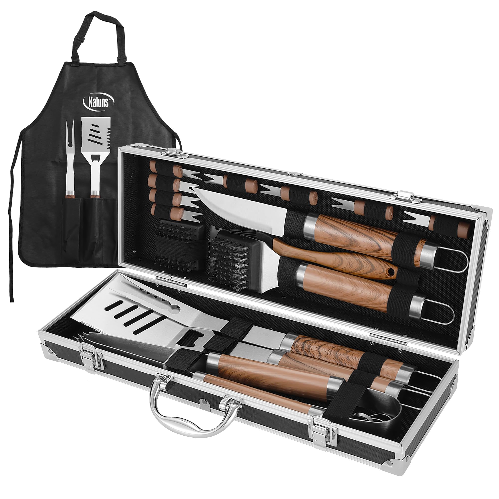 Kaluns Grilling Accessories, Dad Gifts for Fathers Day, Grilling Gifts, Heavy Duty Stainless Steel BBQ Tool Set for Outdoor Grill with Aluminum Case and Apron, Birthday Gifts for Men Women