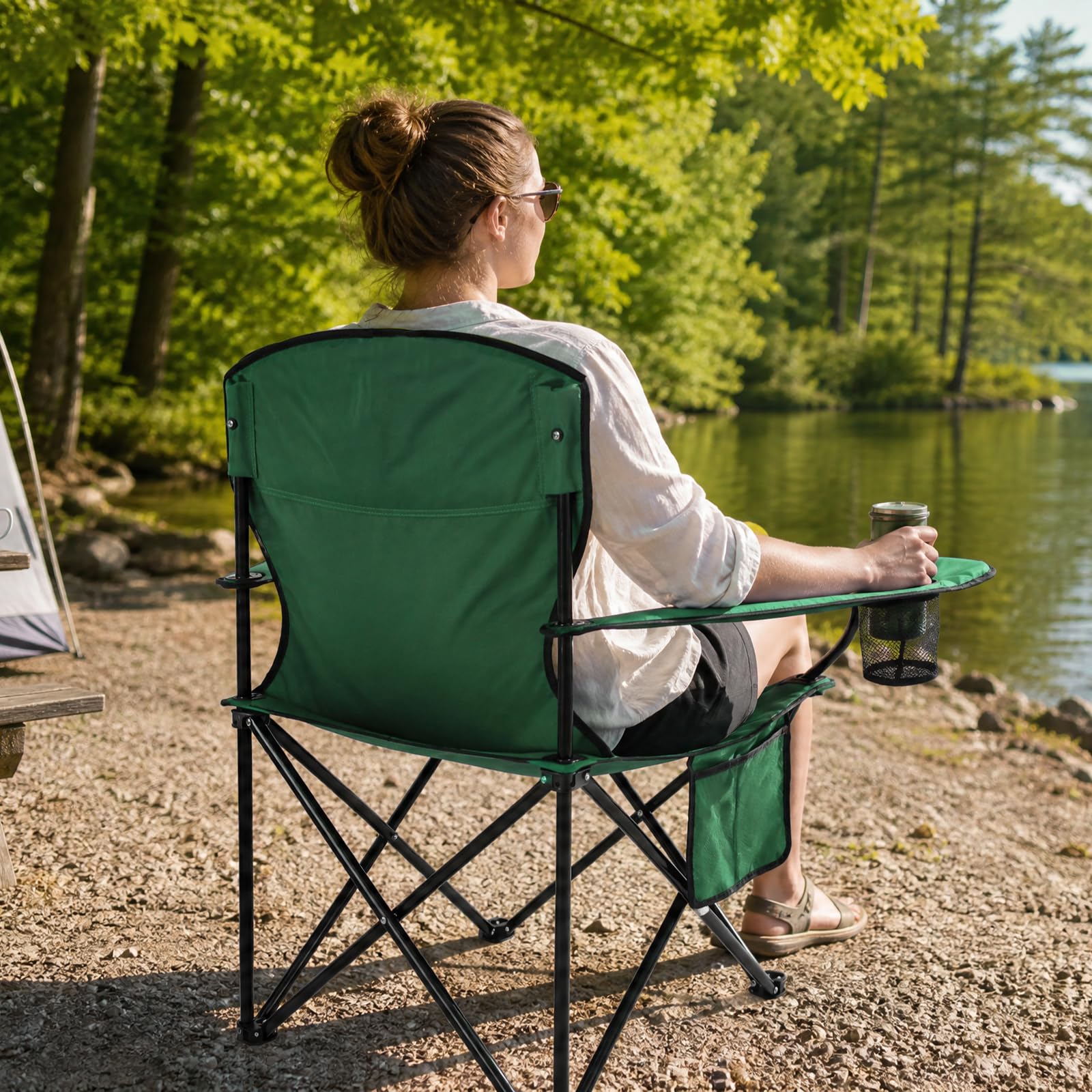 Camping Chairs for Adults 2 Pack, Folding Chair with 4-Can Cooler Bag & Cup Holder, Portable Heavy Duty Outdoor Chair with Mesh Back for Camping, Beach, Lawn, Fishing, Blue