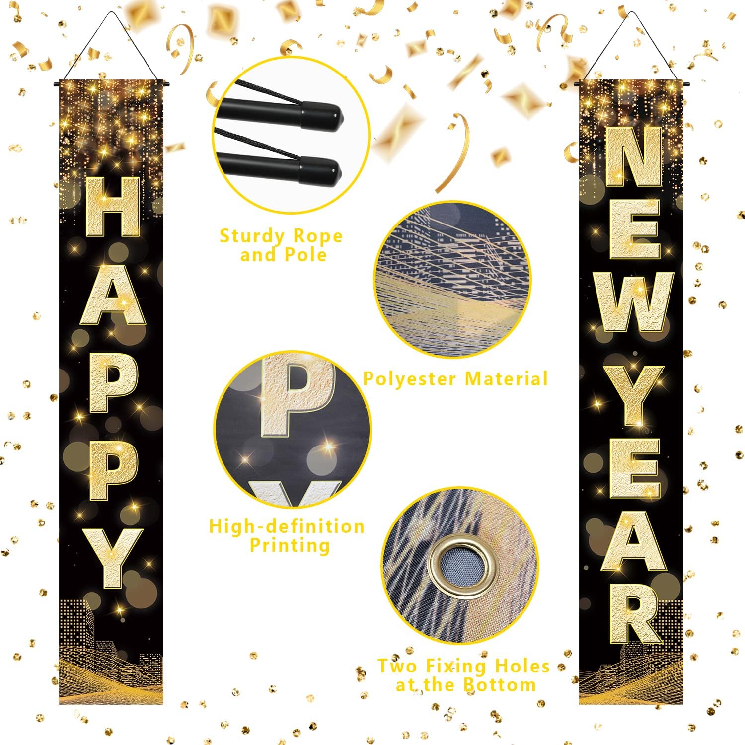 Labeol Happy New Year Banner, 72 x 12 Inch Large Front Door Porch Sign Hanging Banner Decorations New Years Eve Party Supplies 2025, Happy 2025 Decorations for Outdoor Indoor Home Wall