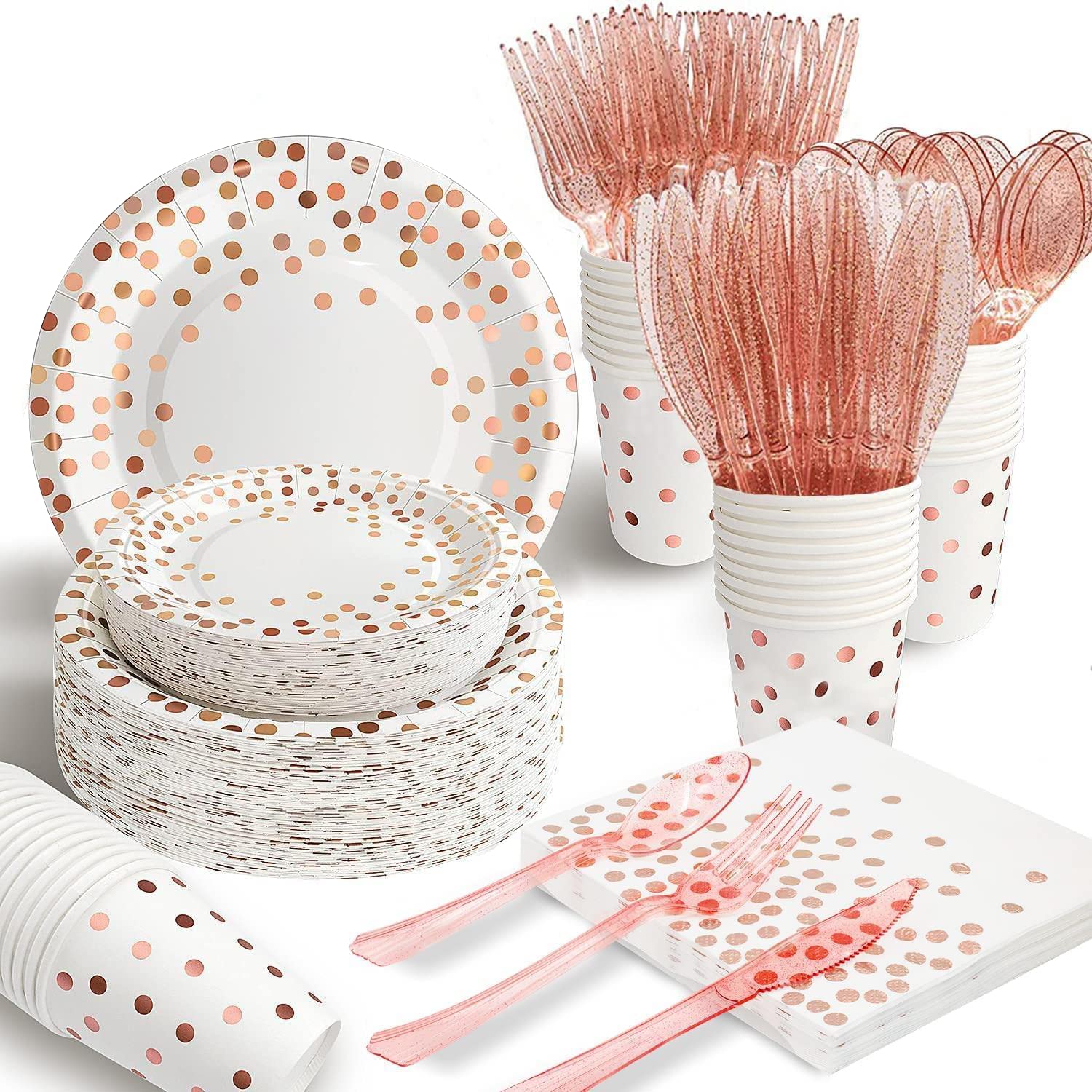 AIRE 175PCS White and Gold Party Supplies, Heavy Duty Disposable Dinnerware Set Serves 25, Paper Plates Plastic Forks Knives Spoons for Birthday,Graduation, Bridal Shower Decoration