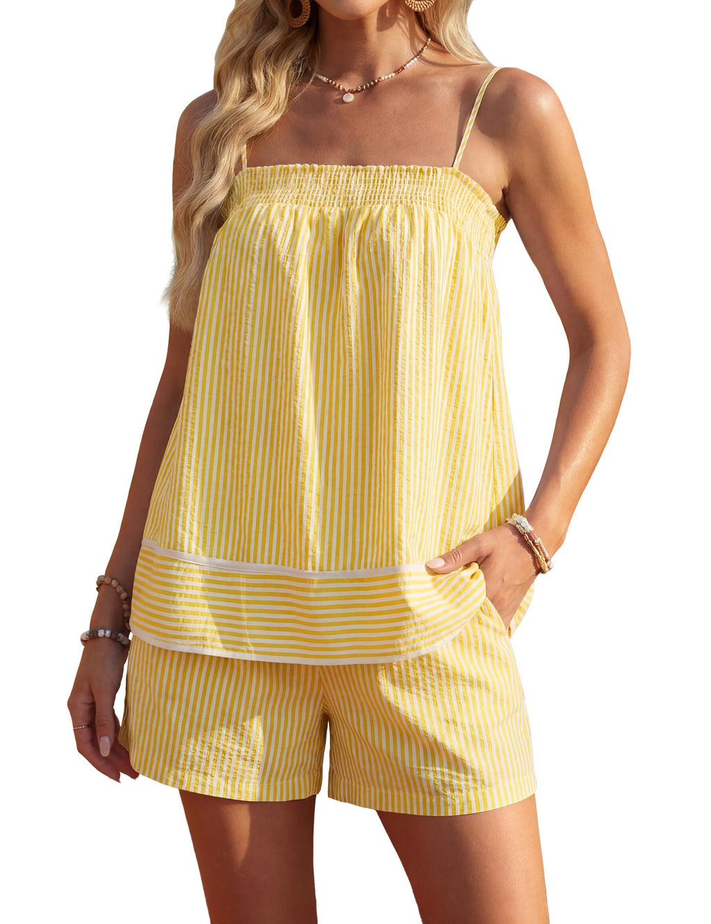 Blooming Jelly Women Two Piece Lounge Sets Striped Camisole Top Matching Shorts Set Summer Vacation Outfits with Pocket