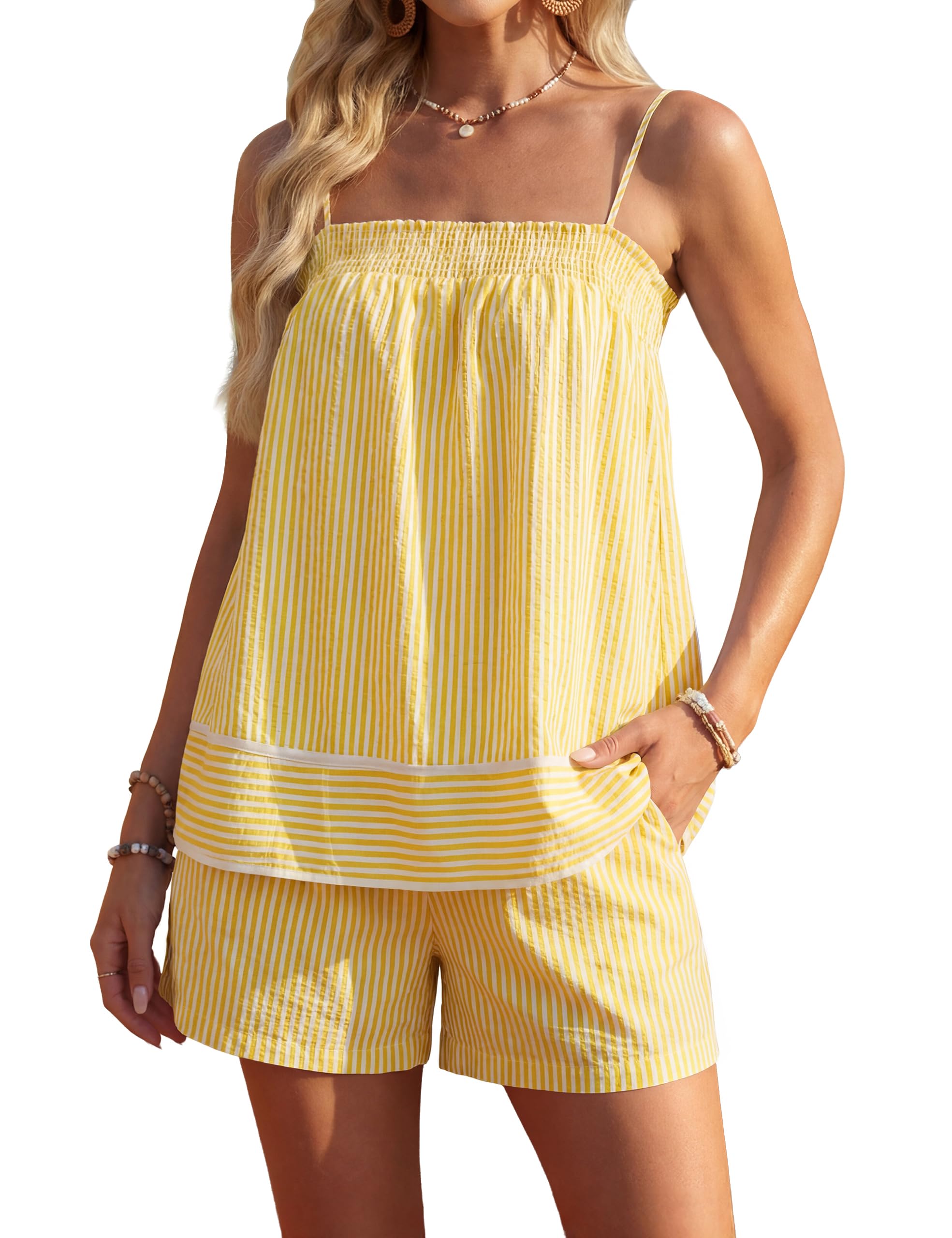 Blooming Jelly Women Two Piece Lounge Sets Striped Camisole Top Matching Shorts Set Summer Vacation Outfits with Pocket
