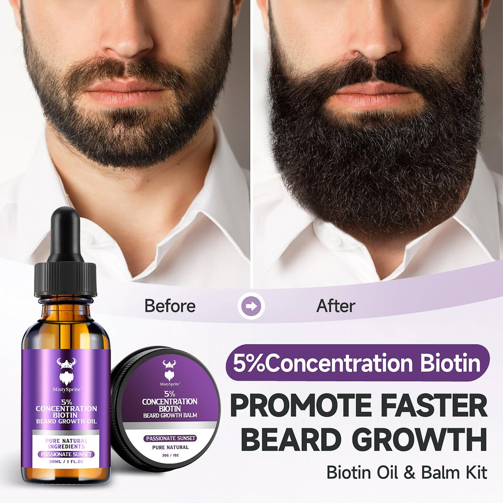 MistySprite Beard Growth Kit for Men, 2X Concentration Biotin Beard Oil & Styling Balm, Natural Facial Hair Conditioner with Argan, Jojoba & Vitamin E, Sandalwood Scent Softener