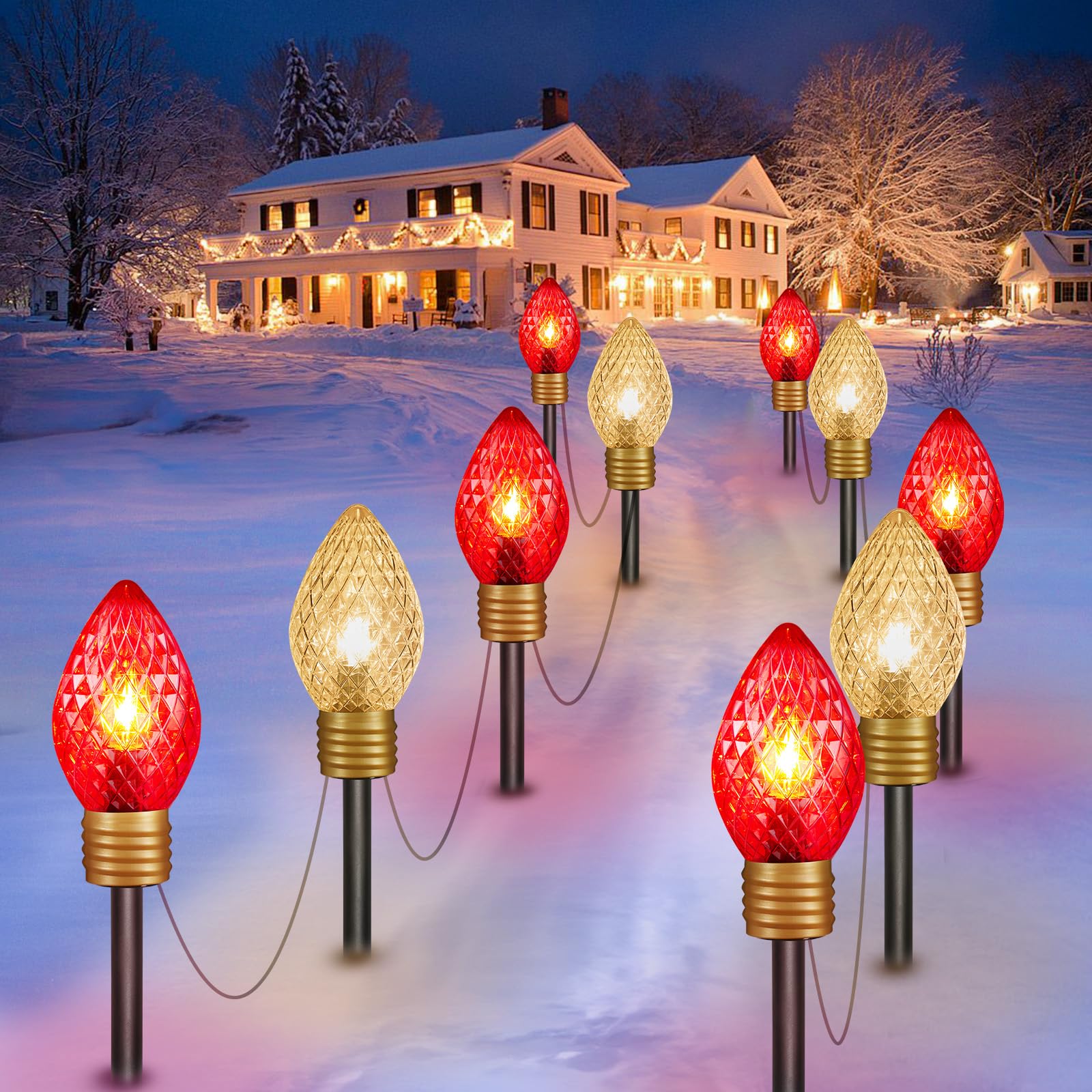 Jumbo C9 Christmas Pathway Lights Outdoor - 8.5 Feet 5 LED C9 Walkway Light, C7 Light Covered Jumbo Multicolor Bulb Christmas Lights Outdoor Decorations for Lawn Holiday Outside Yard Garden