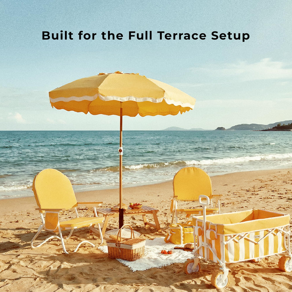 Padded Low Beach Chair, 4-Position Folding Outdoor Chair with Wooden Armrests, Cushioned Seat, Storage Pouch & Carry Strap for Beach, Patio and Lawn, Cala Serena Ochre Stripe