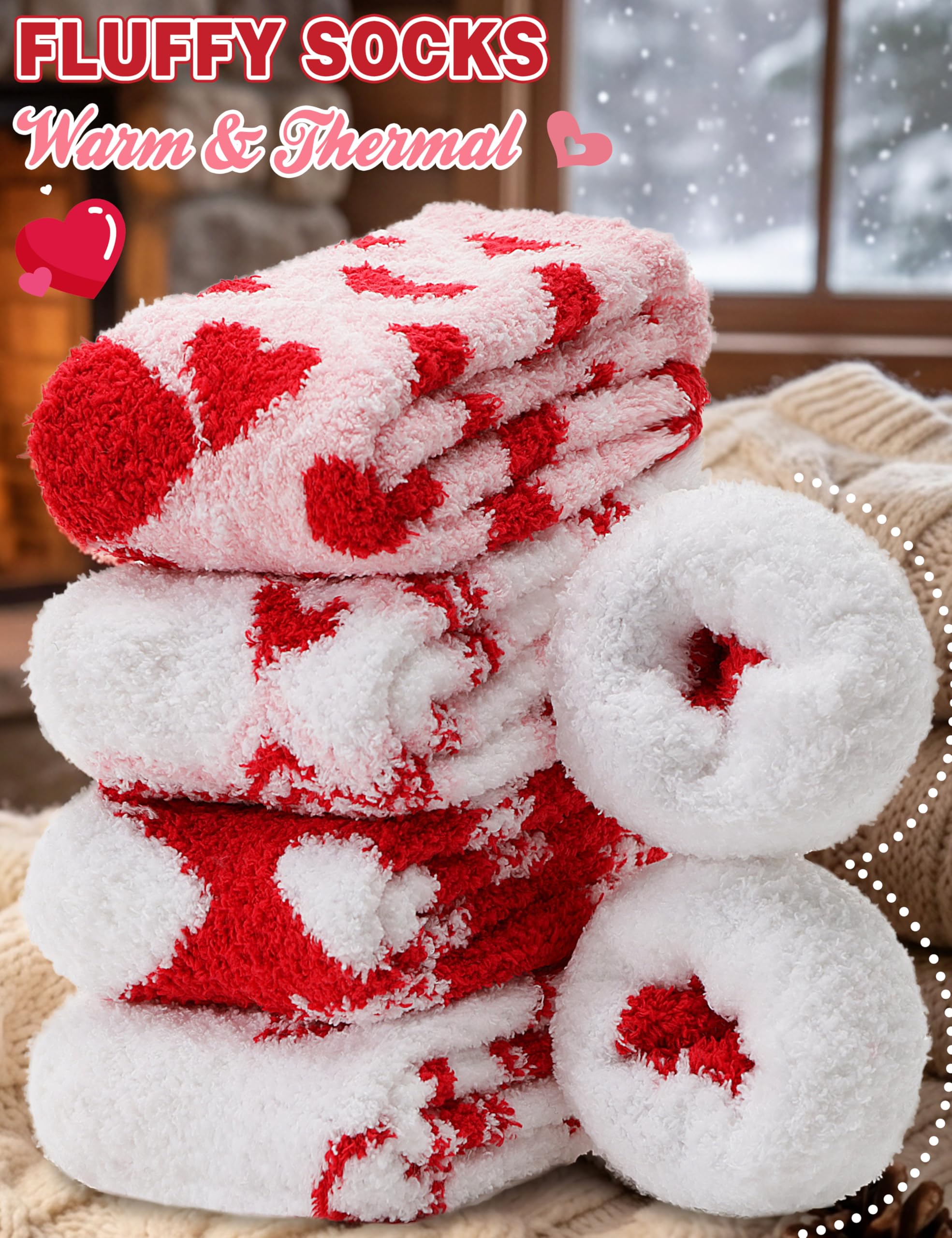 Womens Fuzzy Socks Warm Fluffy Cozy Winter Slipper Thick Fleece Heart Socks 5 Pairs