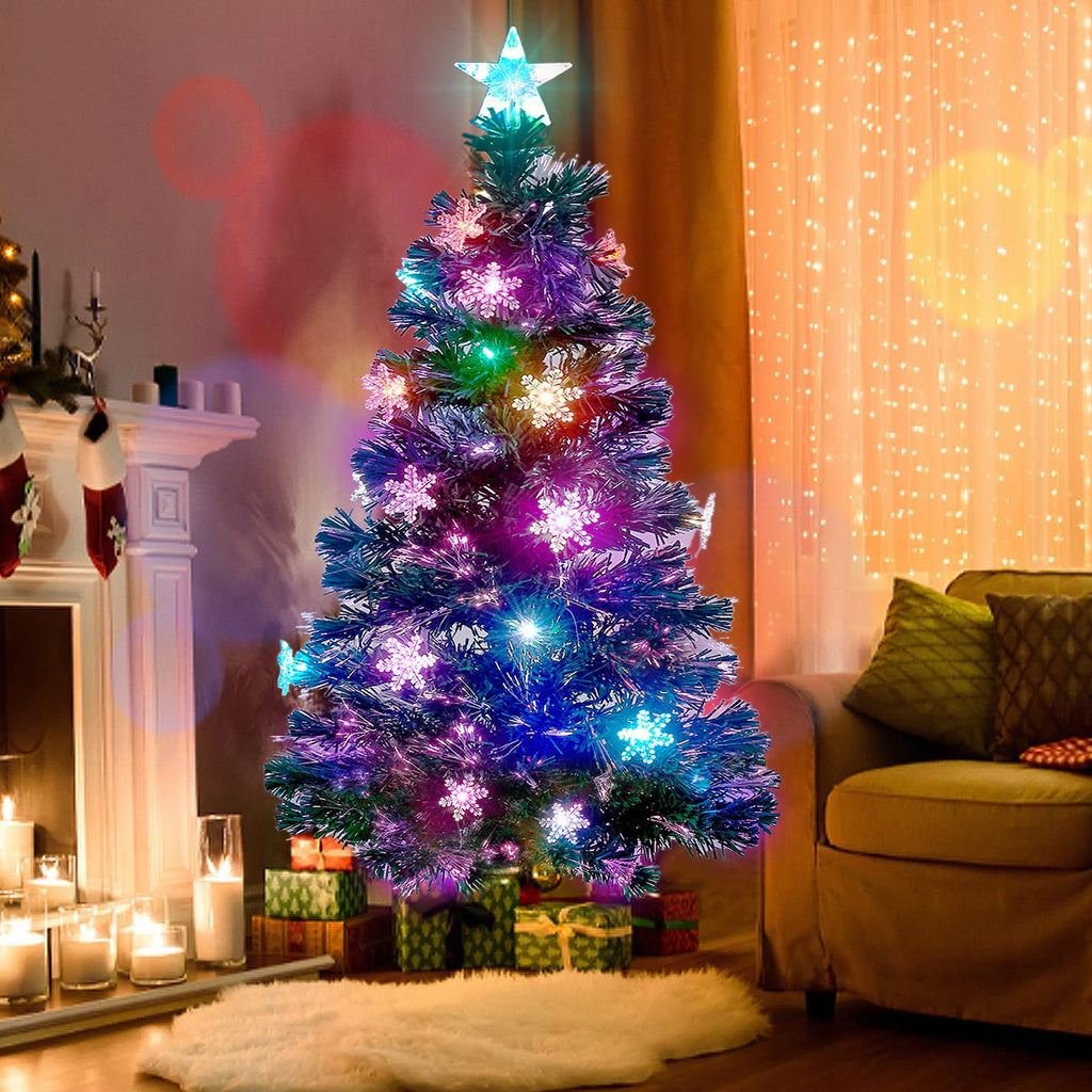 Prsildan 4 FT Artificial Christmas Tree, Pre-Lit Optical Fiber Xmas Trees with Multicolor LED Lights, Snowflakes & Top Star, Lighted Christmas Tree Holiday Home Decor