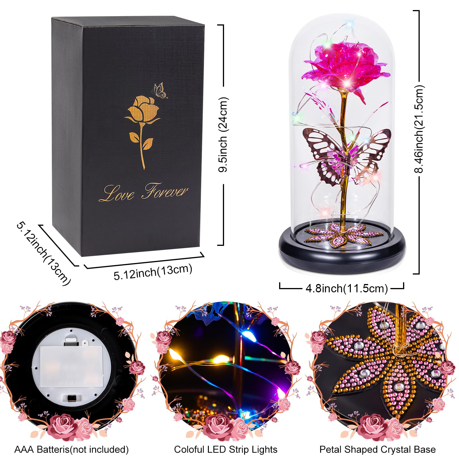 Pusuny Mothers Day Flowers Gifts for Mom Women Birthday Gift Galaxy Glass Rose Forever Eternal Crystal Flowers Rose in Glass Dome with Butterfly Mother's Day Roses Gifts for Mom Daughter Wife Purple