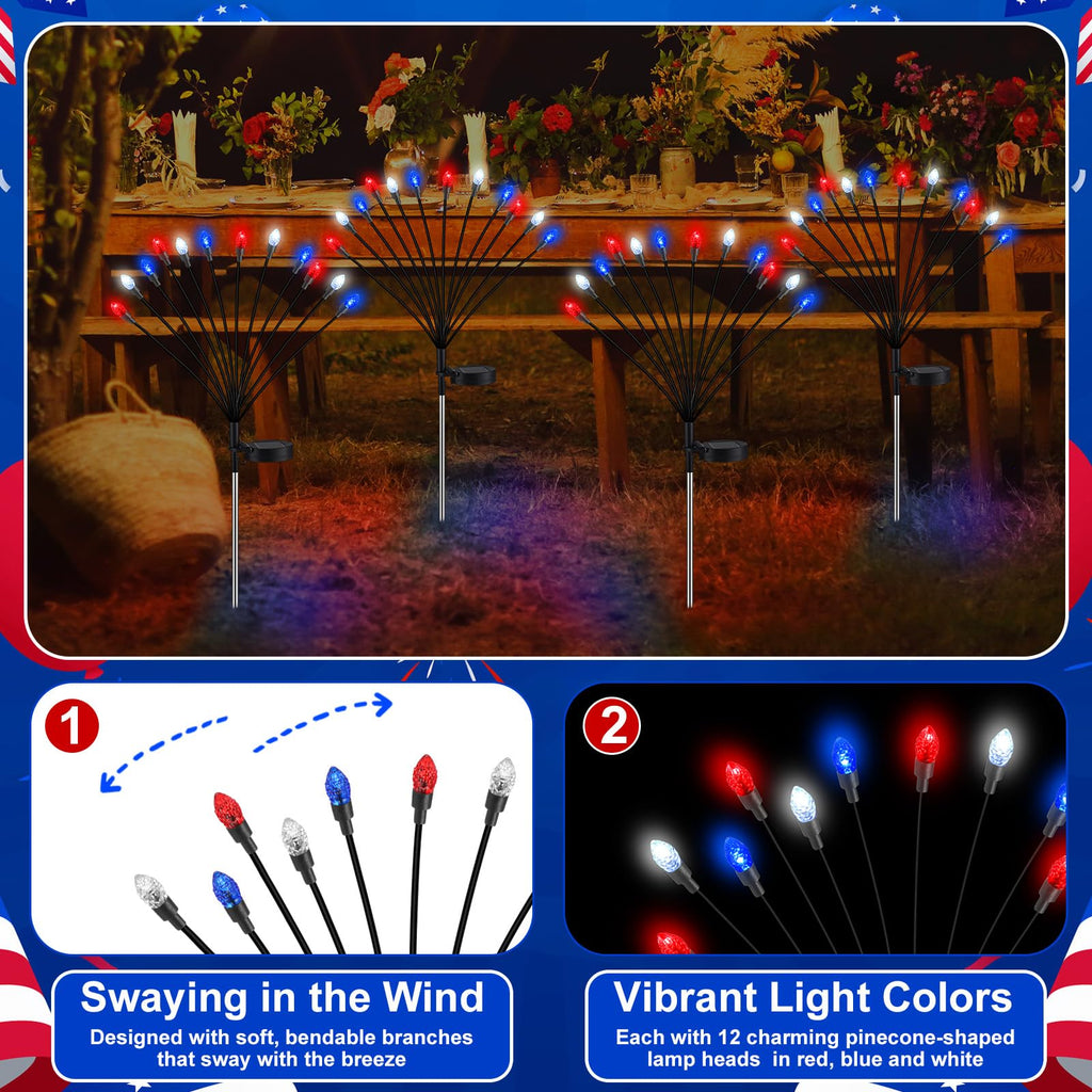 Rossesay 4 Pcs St Patricks Day Outdoor Decorations Solar Lights Waterproof Green 48 LED Swaying Pathway Firefly Stake Lights for Outside Yard Garden Lawn Decorations(Green White,Pine Cone)