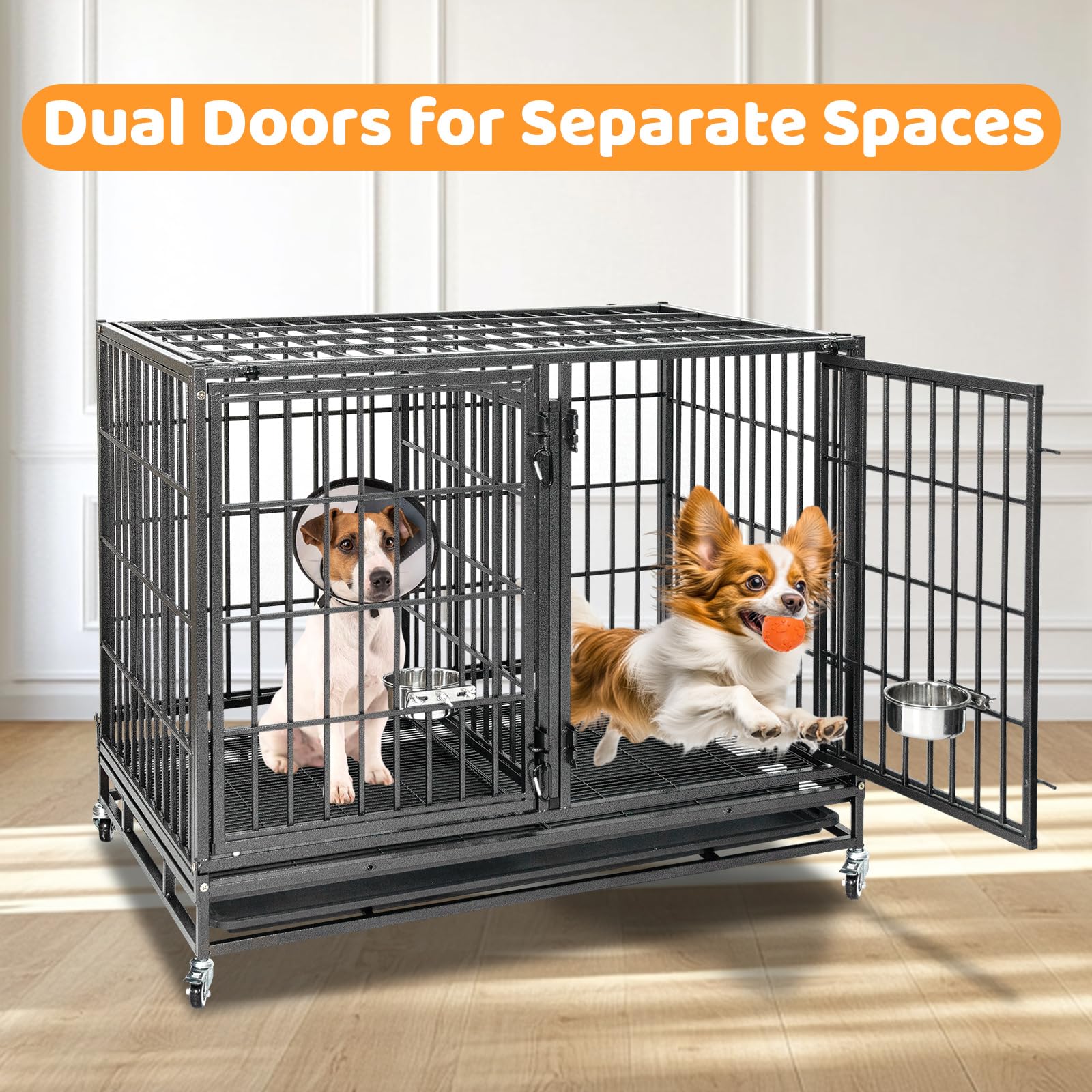 Homey Pet 37 Inch Heavy Duty Dog Crate for Medium Dogs, Stackable Dog Cage with Four Lockable Wheels, Removable Tray & Grid, Open Top, Escape Proof Dog Kennel Indoor
