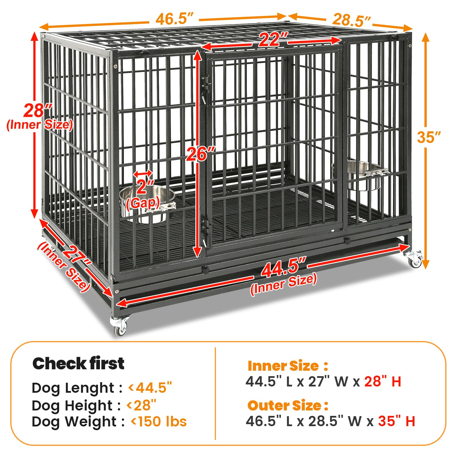 Homey Pet 37 Inch Heavy Duty Dog Crate for Medium Dogs, Stackable Dog Cage with Four Lockable Wheels, Removable Tray & Grid, Open Top, Escape Proof Dog Kennel Indoor