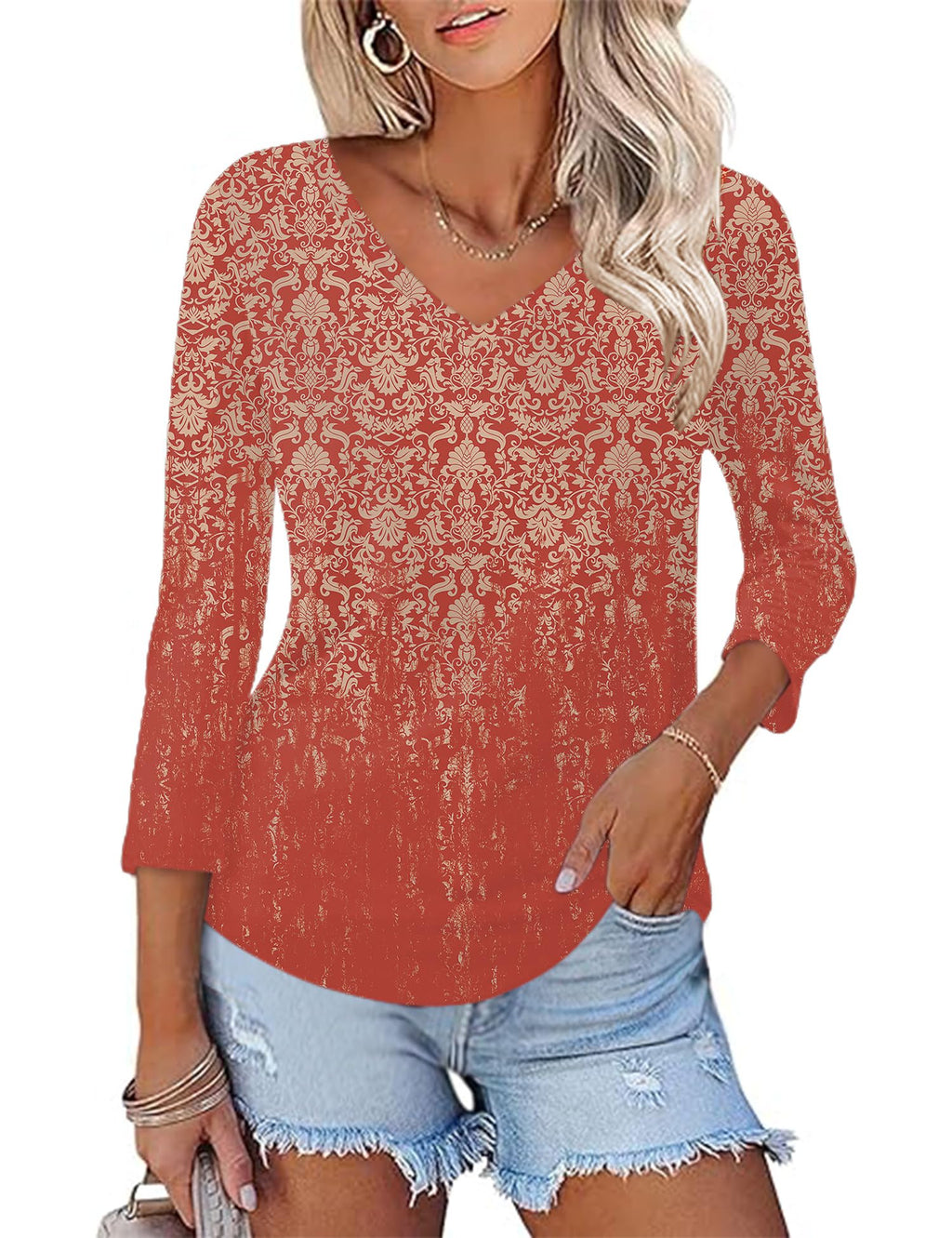 KTILG Women's V Neck T Shirts 3/4 Sleeve Blouse Summer Tops Dressy Casual Solid Basic Tees