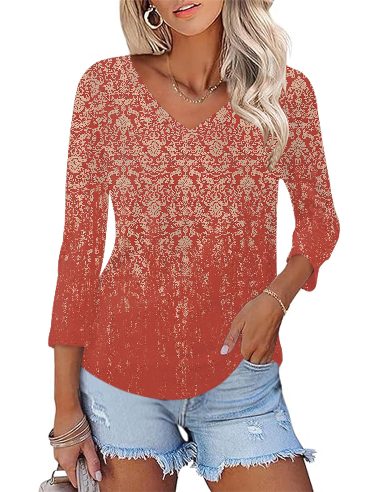 KTILG Women's V Neck T Shirts 3/4 Sleeve Blouse Summer Tops Dressy Casual Solid Basic Tees