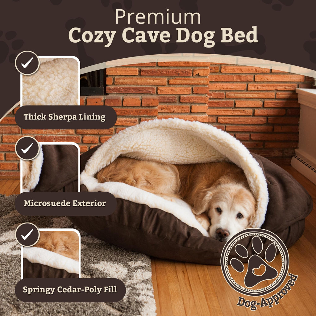 Snoozer Cozy Cave Dog Bed - Indoor Dog Bed with Cover Cave, Covered Calming Burrow for Small Sized Pets with Blanket Attached, Enclosed, Removable Washable Cover - Small, Navy