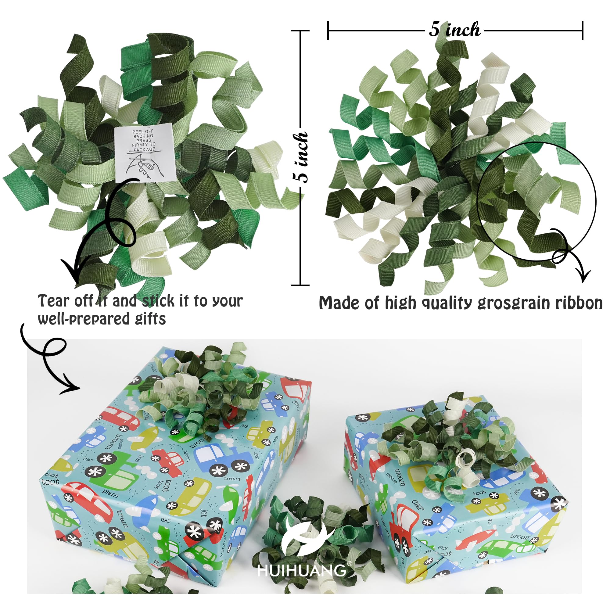 HUIHUANG Green Curly Gift Bows Self Adhesive Sage Green Burst Gift Bow for Gift Wrapping, Birthday, Wedding Baby Shower Party Favors, Wine Bottle, Treat Bags- 6 Counts