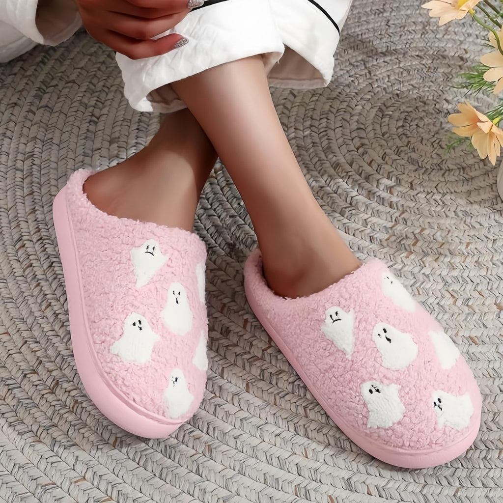 Halloween Slippers for Women Retro Soft Cozy Comfy Plush Lightweight Slip-on Indoor Outdoor Anti-Skid Sole Christmas House Shoes