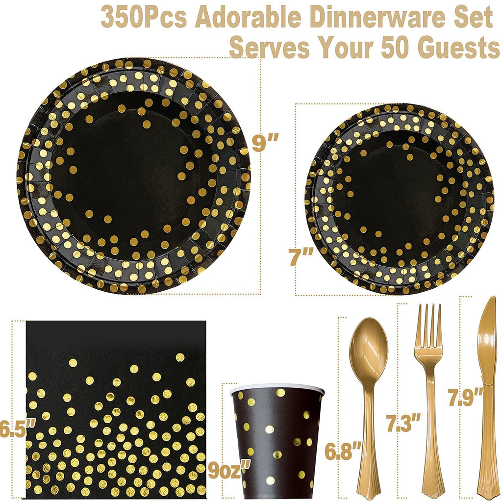AIRE 175PCS Black and Gold Paper Plates Party Supplies for 25 Guests Disposable Party Decorations Dinnerware Golden Dot Black Paper Plates Napkins Cups Gold Plastic Forks Knives Spoons for Mothers Day