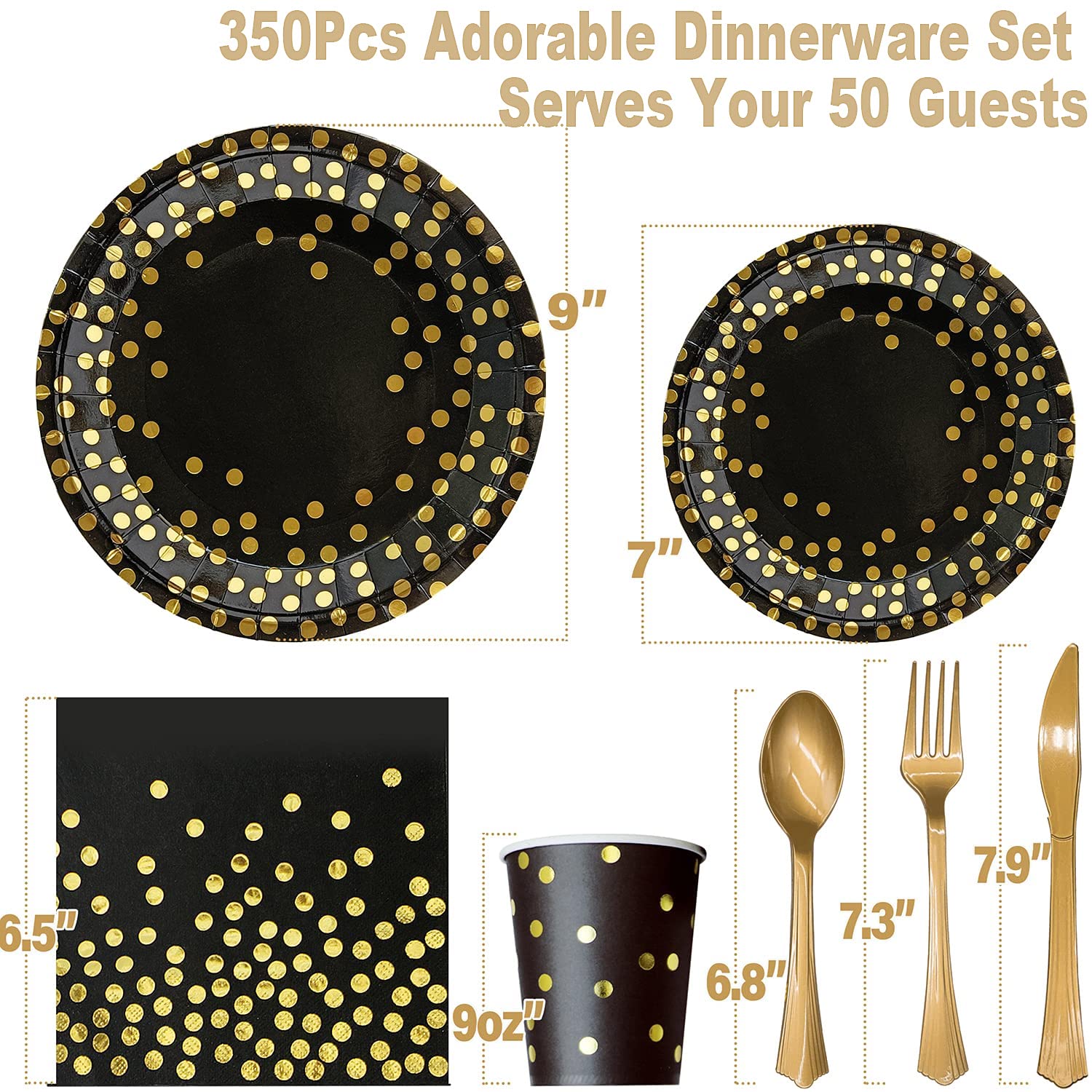 AIRE 175PCS Black and Gold Paper Plates Party Supplies for 25 Guests Disposable Party Decorations Dinnerware Golden Dot Black Paper Plates Napkins Cups Gold Plastic Forks Knives Spoons for Mothers Day