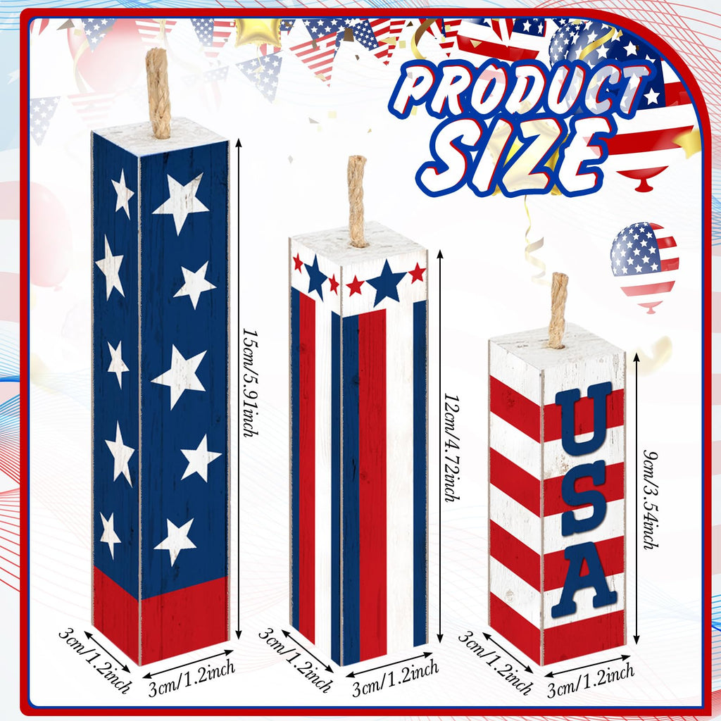 Amyhill 3 Pcs 4th of July Decorations Set Wooden Patriotic Table Centerpieces Independence Day Wood Firework Fourth of July Table Signs for 250th Anniversary Home Farmhouse Decor (Flag)