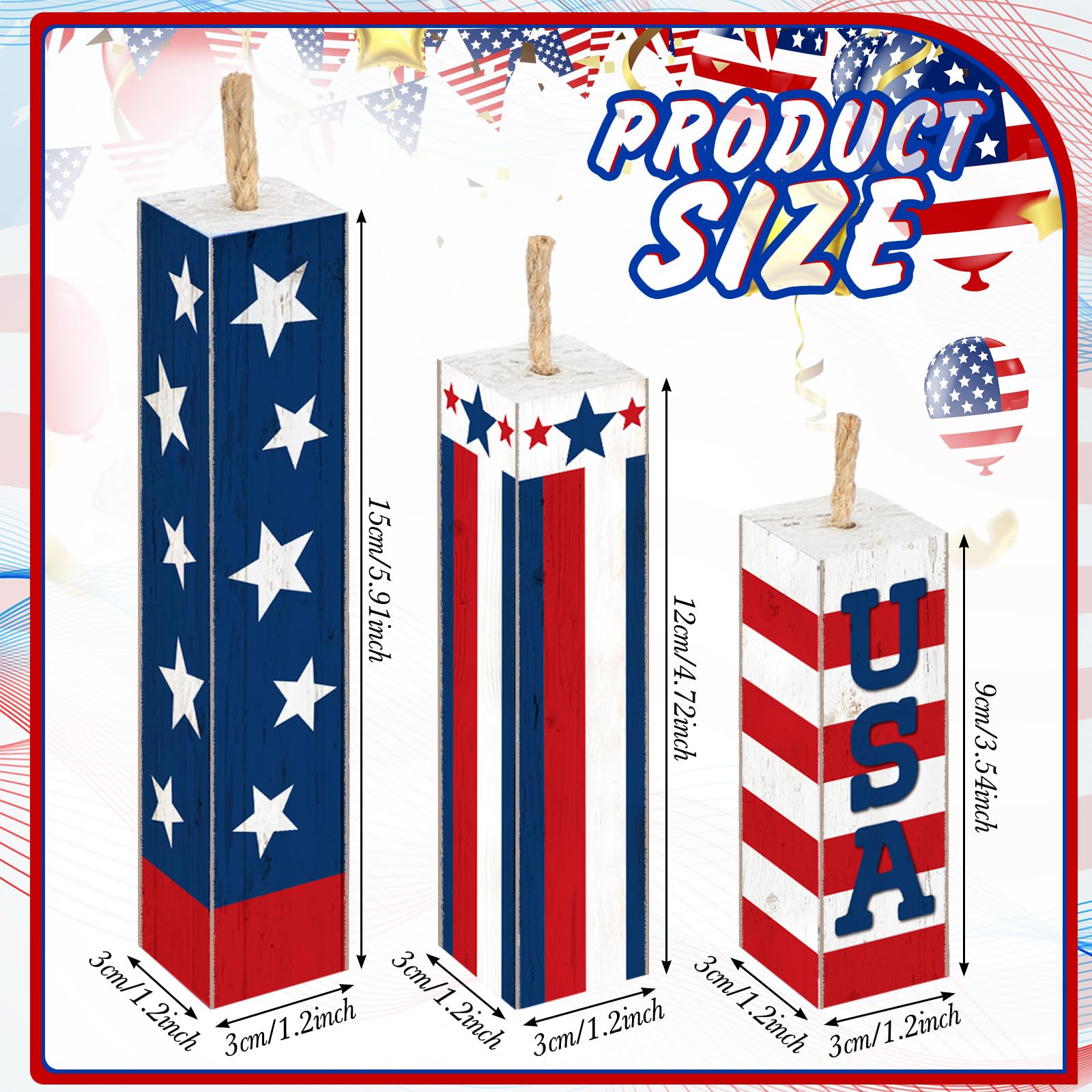 Amyhill 3 Pcs 4th of July Decorations Set Wooden Patriotic Table Centerpieces Independence Day Wood Firework Fourth of July Table Signs for 250th Anniversary Home Farmhouse Decor (Flag)