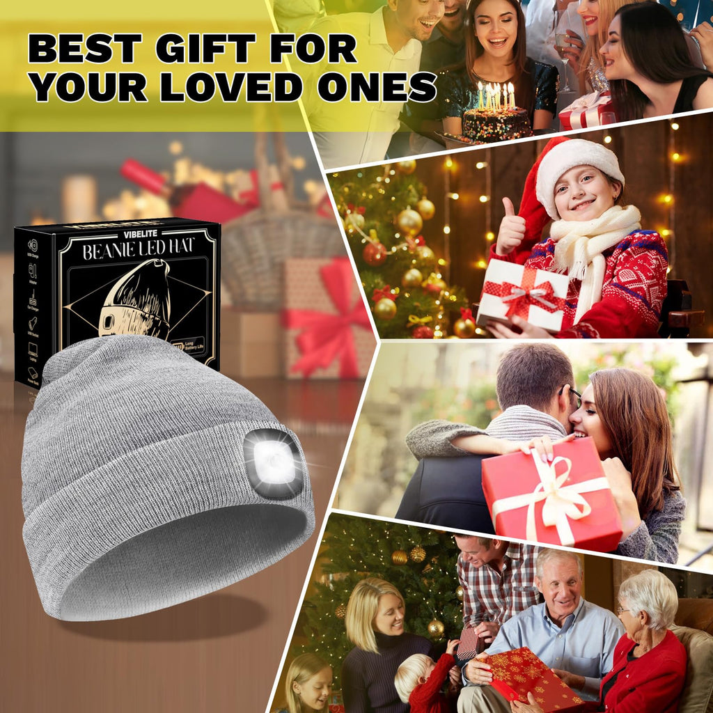 VIBELITE LED Beanie Hat with Light, USB Rechargeable LED Headlamp for Hiking, Camping, Fathers Day Gift for Dad, Husband, Birthday Gifts for Men, Women, Dad Gifts from Daughter, Wife, Black