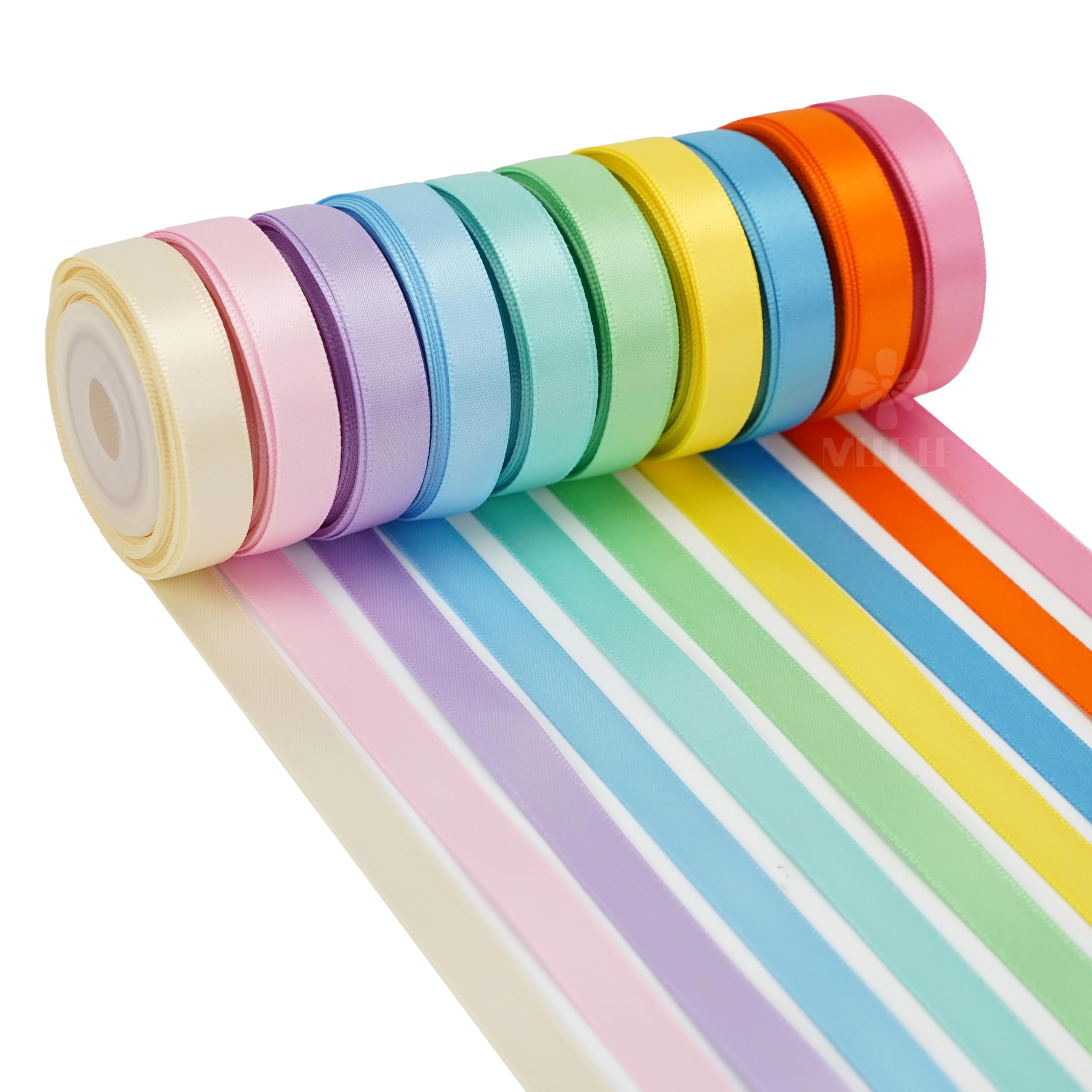 MEEDEE 3/8 Inch Satin Ribbon Set – 10 Rolls Rainbow Double Face Ribbon for Gift Wrapping, 5 Yards Each (Total 50 Yards), Decorative Ribbon for Presents & Party Favors