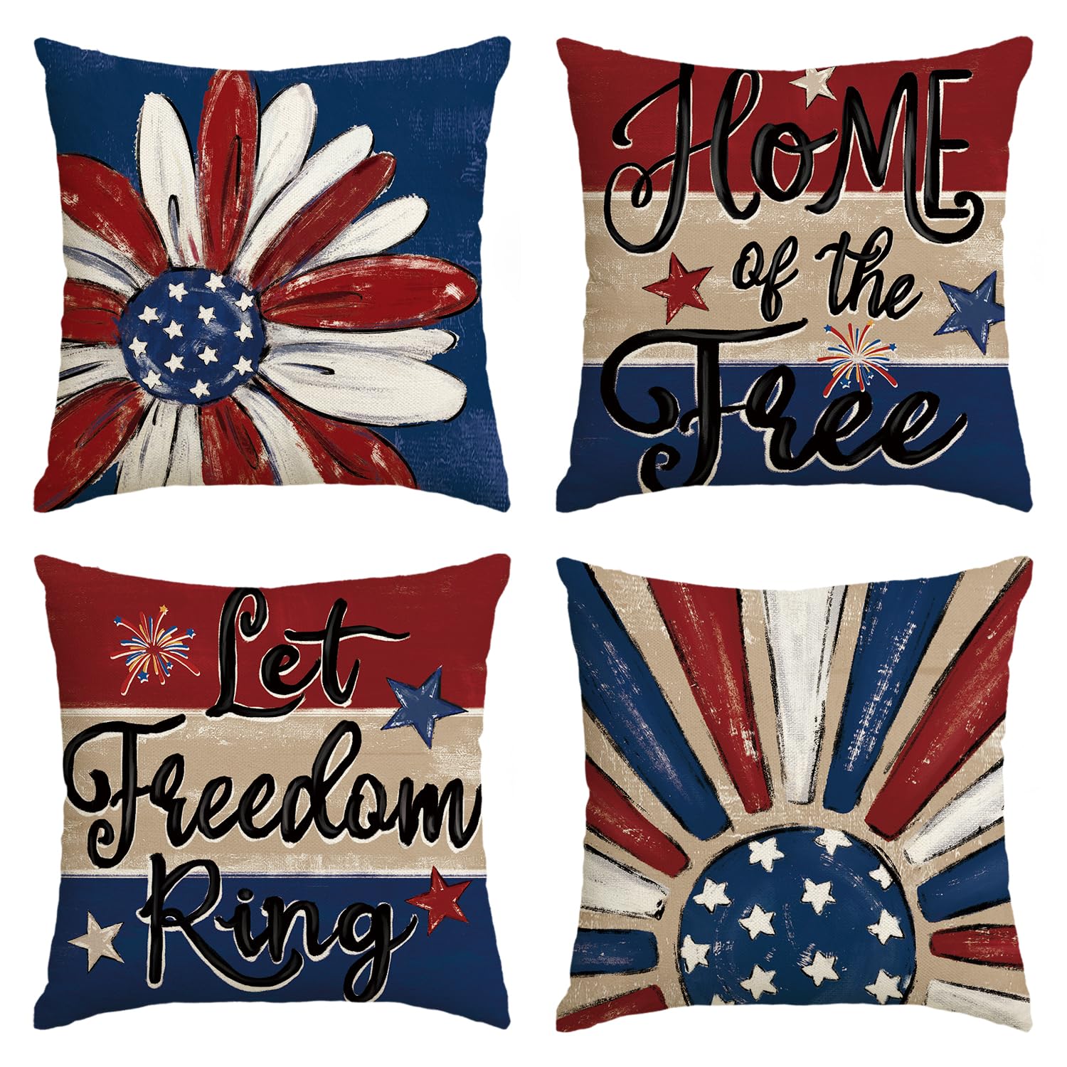 AVOIN colorlife Let Freedom Ring Stars Fireworks Flower Red Throw Pillow Covers, 12 x 20 Inch 4th of July Patriotic Independence Memorial Day USA Flag Cushion Case for Sofa Couch Set of 4