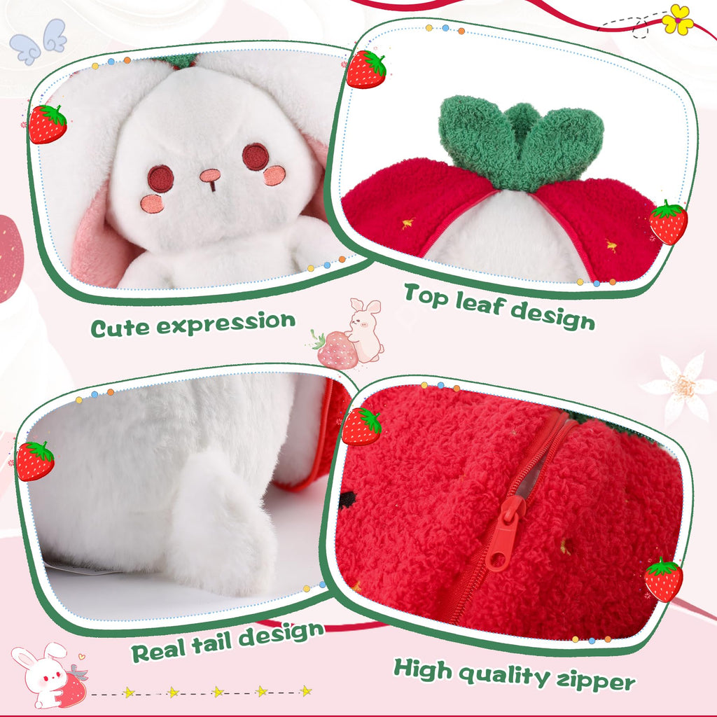 MIAODAM Bunny Stuffed Animal Reversible Cuddle Bunny Stuffed,Strawberry Bunny Transformed Rabbit Plush Zipper,Turns Into Ears Bunnies Plushies Toy Cute Stuffy Doll Easter