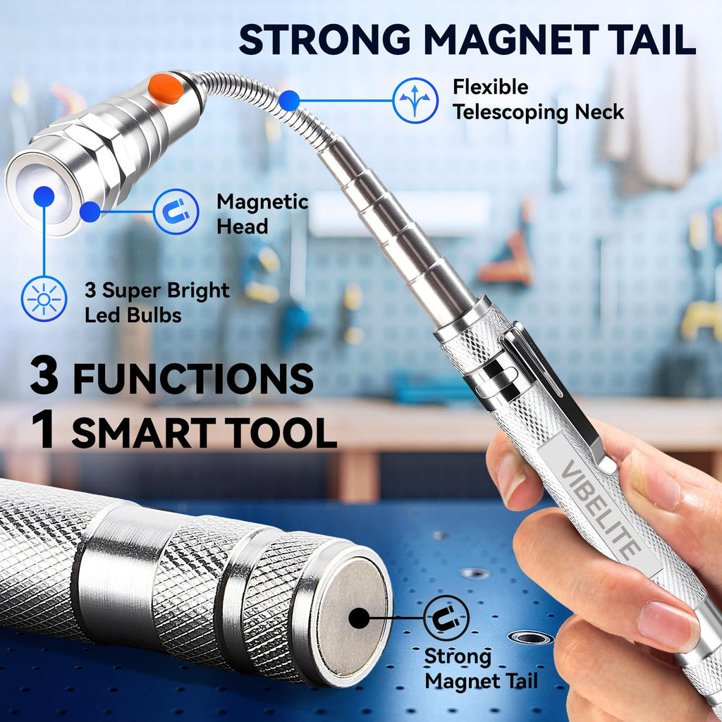 VIBELITE Extendable Magnetic Flashlight with Telescoping Magnet Pickup Tool-Fathers Day Dad Gifts for Husband, Dad, Men, Women, Him, Mechanic, Birthday Gifts for Men, Cool Gadget, Black
