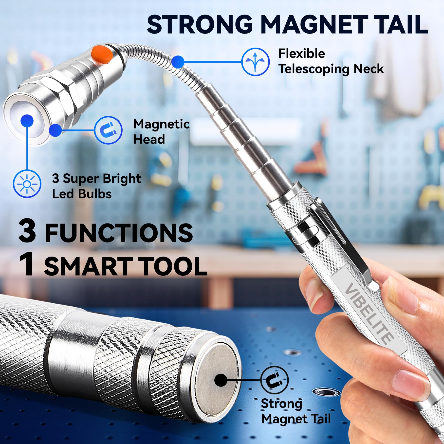 VIBELITE Extendable Magnetic Flashlight with Telescoping Magnet Pickup Tool-Fathers Day Dad Gifts for Husband, Dad, Men, Women, Him, Mechanic, Birthday Gifts for Men, Cool Gadget, Black