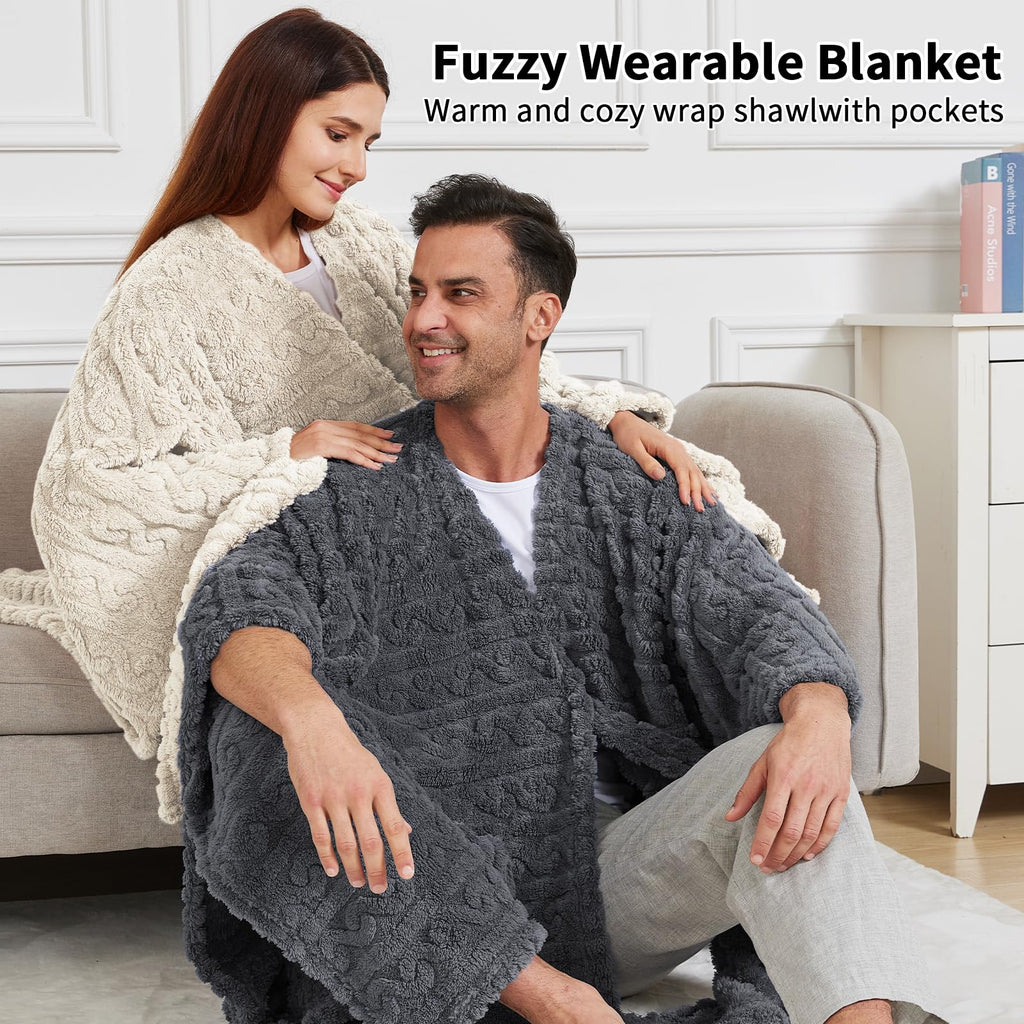 Wearable Blanket Poncho Cape Wrap for Adult, Cozy Sherpa Fleece Pocketed Shawl TV Throw Blankets for Office and Lounge(Caramel,58'' x 64'')