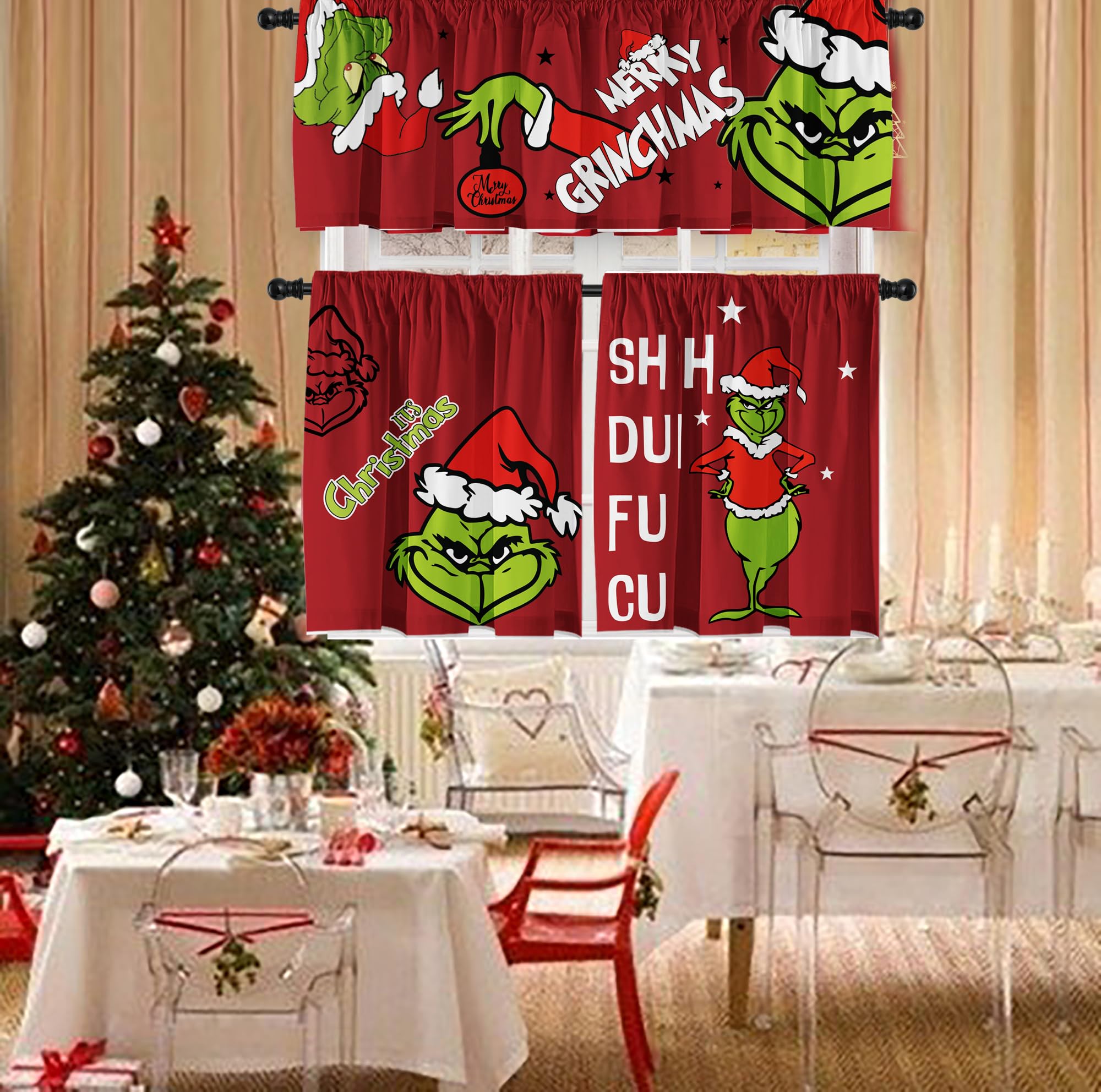 Christmas Kitchen Curtain Valances Winter Holiday Festive Small Window Decoration, Red and Green Farmhouse Xmas Design, 52x18inchx1, 26x36inchx2, 3 Panel, Rod Pocket