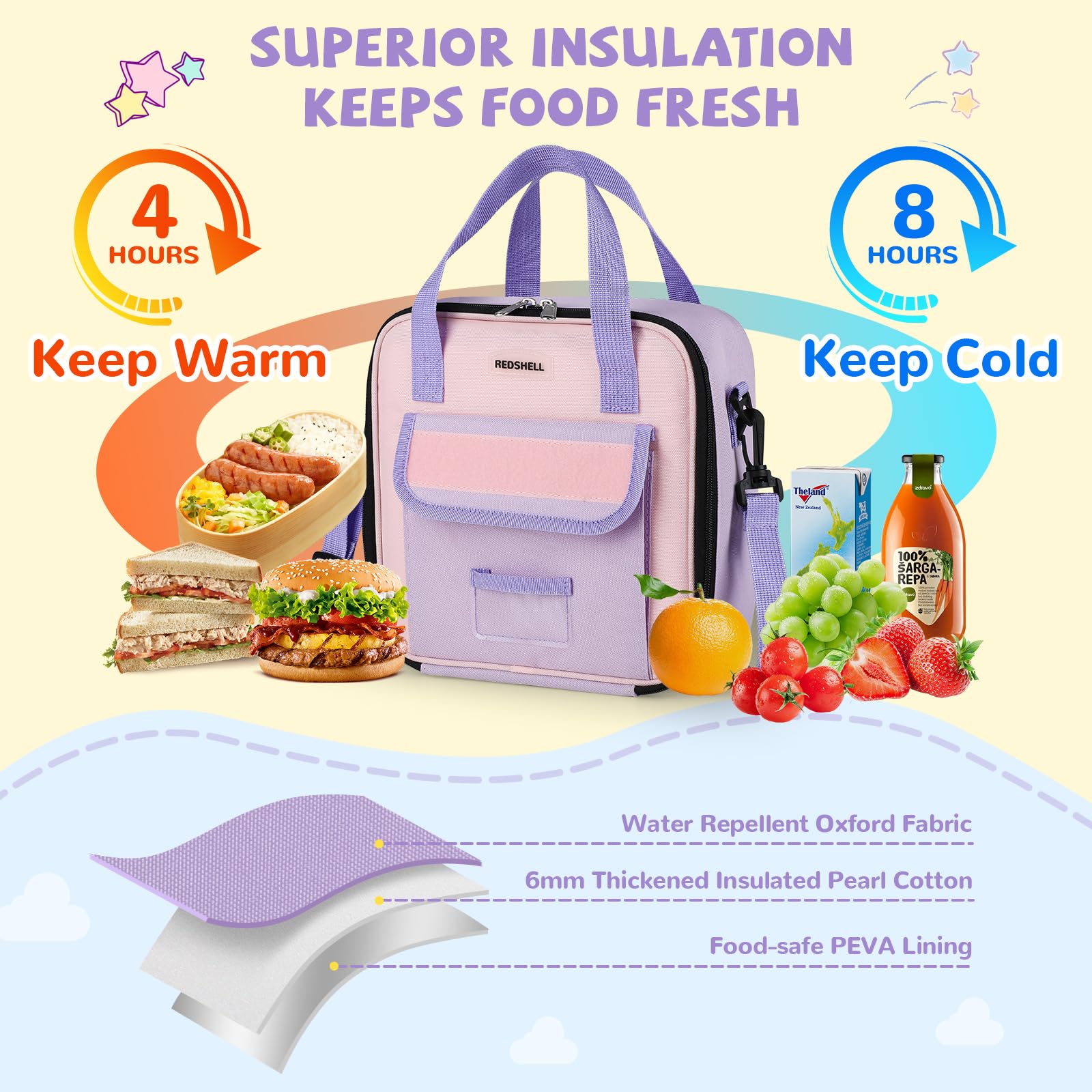 REDSHELL Tactical Lunch Box Kids, Large Insulated Lunch Bag for Girls, Cooler Lunchbag, Square Toddler Lunchbox, School Daycare Lunch Tote Pail with Water Bottle Holder Shoulder Strap, Purple