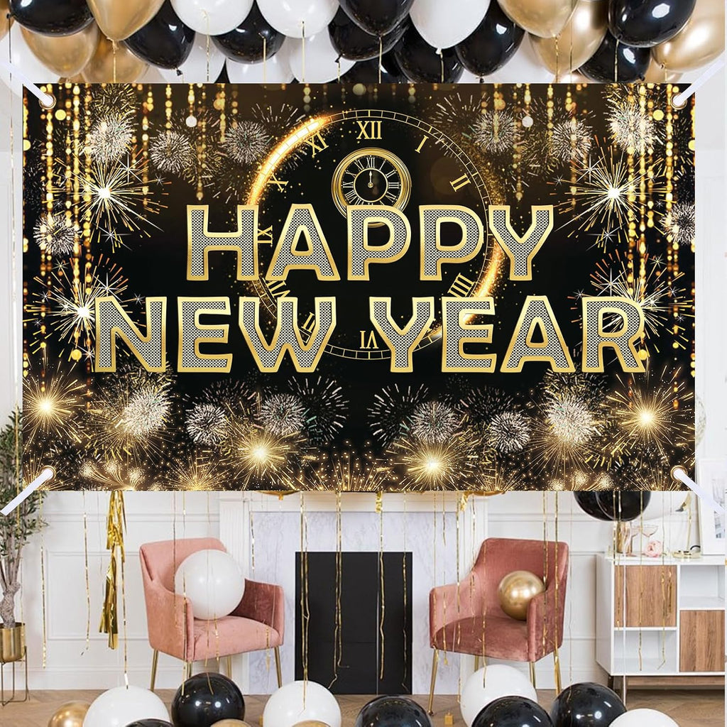 HAPPY NEW YEAR Hanging Extra Large Fabric Sign Poster Black Background Banner with Firework Pattern for New year Party Decorations