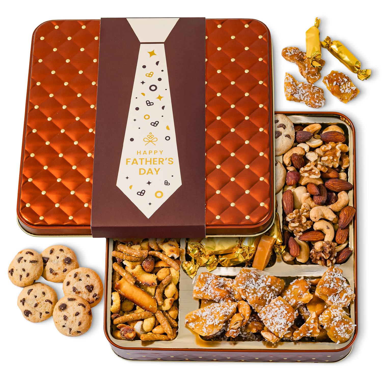 Caramels and Nut Sweet and Savory Gift Basket for Christmas Gifts, Dad, Men, Women, Holiday Parties | Gourmet Holiday Snack Tin Box | Churro Cinnamon and Sugar Pretzels | Sea Salt Caramels and Brittle| Prime Delivery Gift | Bonnie & Pop