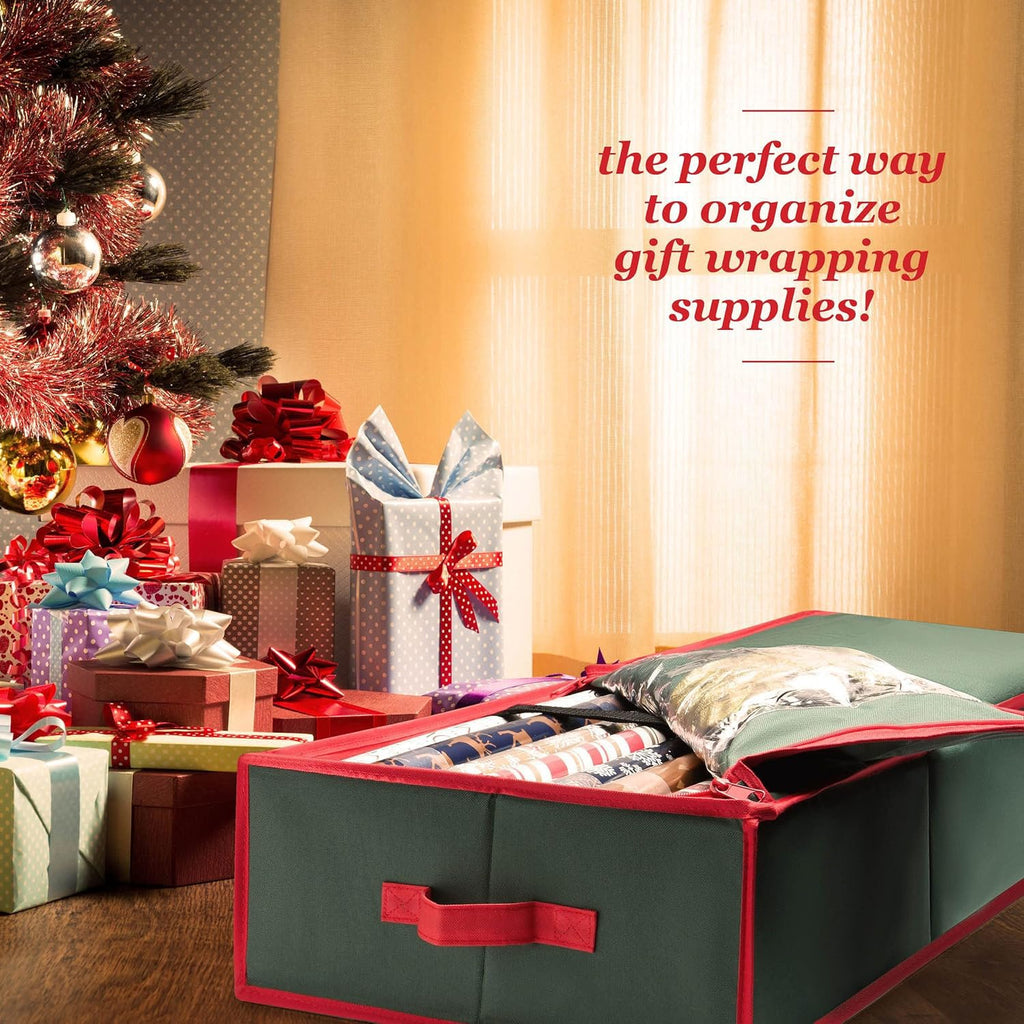 Premium Wrapping Paper Organizer Storage | Gift Wrap Holder With Extra Pockets for Christmas Decorations, Reinforced Handles, Heavy Duty, Ultra-Durable, Tear-Proof Fabric - Fits Up to 27 Rolls (Red)