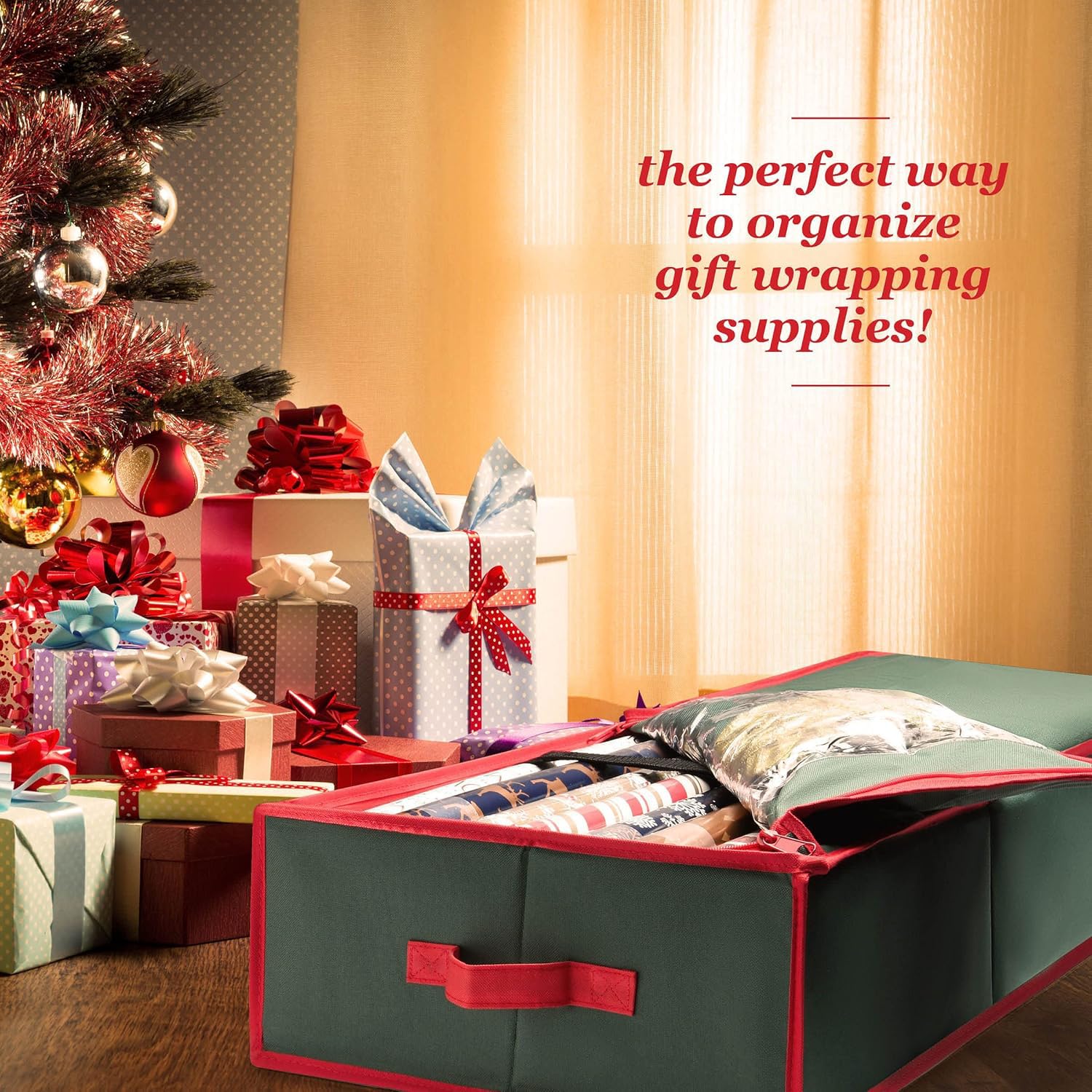 Premium Wrapping Paper Organizer Storage | Gift Wrap Holder With Extra Pockets for Christmas Decorations, Reinforced Handles, Heavy Duty, Ultra-Durable, Tear-Proof Fabric - Fits Up to 27 Rolls (Red)