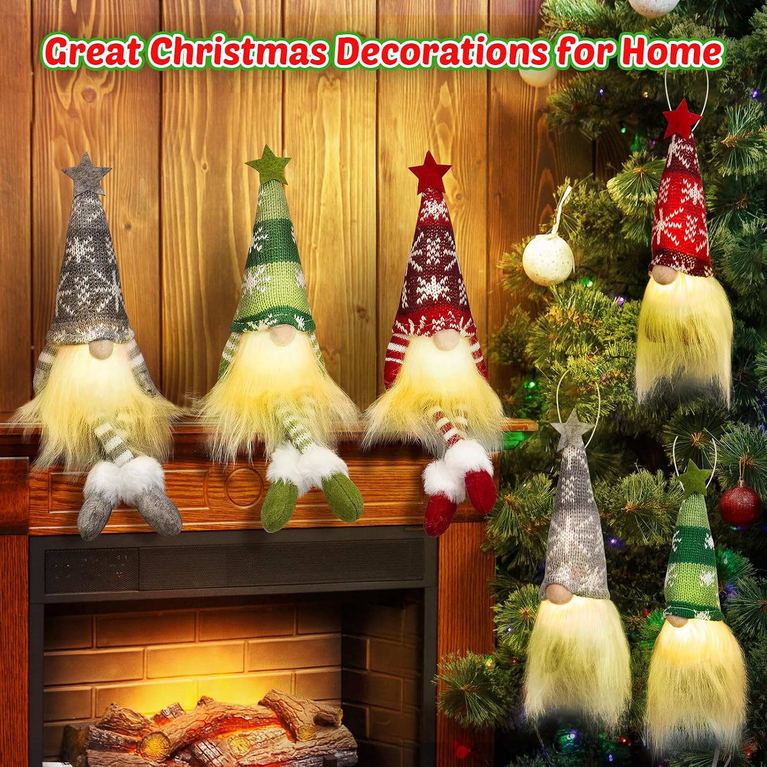 WEMEMORN Gnome Christmas Decorations Set of 6, Lighted Christmas Gnome Ornaments, Swedish Tomte Xmas Gnomes Plush Doll, Scandinavian Santa Christmas Ornaments Indoor Home Tree Tabletop Decoration
