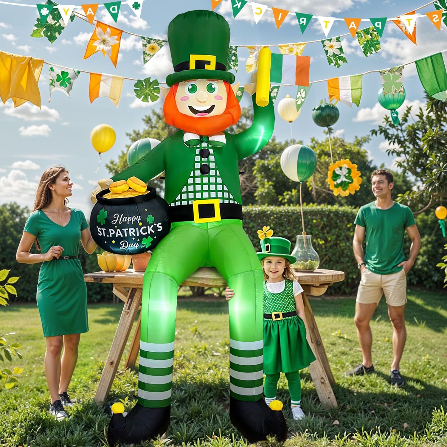 OurWarm 8FT St. Patrick's Day Inflatable Decorations Outdoor, Sitting Leprechaun Inflatable Yard Decorations with LED Lights, Blow Up Leprechaun Decoration for Roof Yard Lawn Holiday Decorations